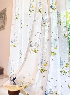 Tranquebar Curtain Co. Sheer Curtains 7 Feet Long Set of 2, Linen Textured Sheer Fabric, 20-30% Light Filtering, Blue Floral Print, White Sheer Curtains 7 Feet, BackTabs, Titli (213 cm) - Set of 2