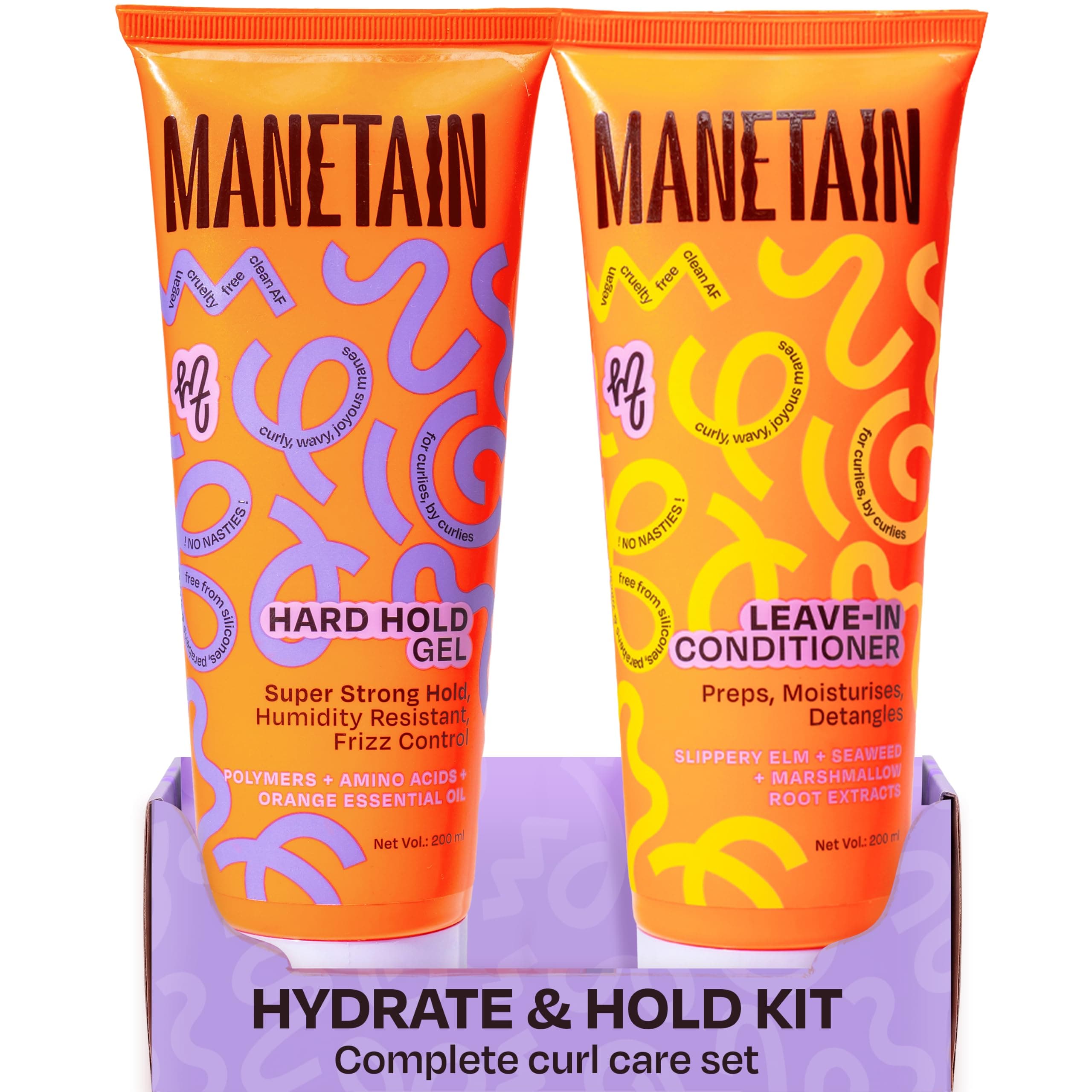MANETAIN Hydrate & Hold Curl Kit | Leave-in Conditioner 200ml & Hard Hold Gel 200ml for Curly Hair | Long-Lasting Definition, Frizz Control & Moisture for All Hair Types