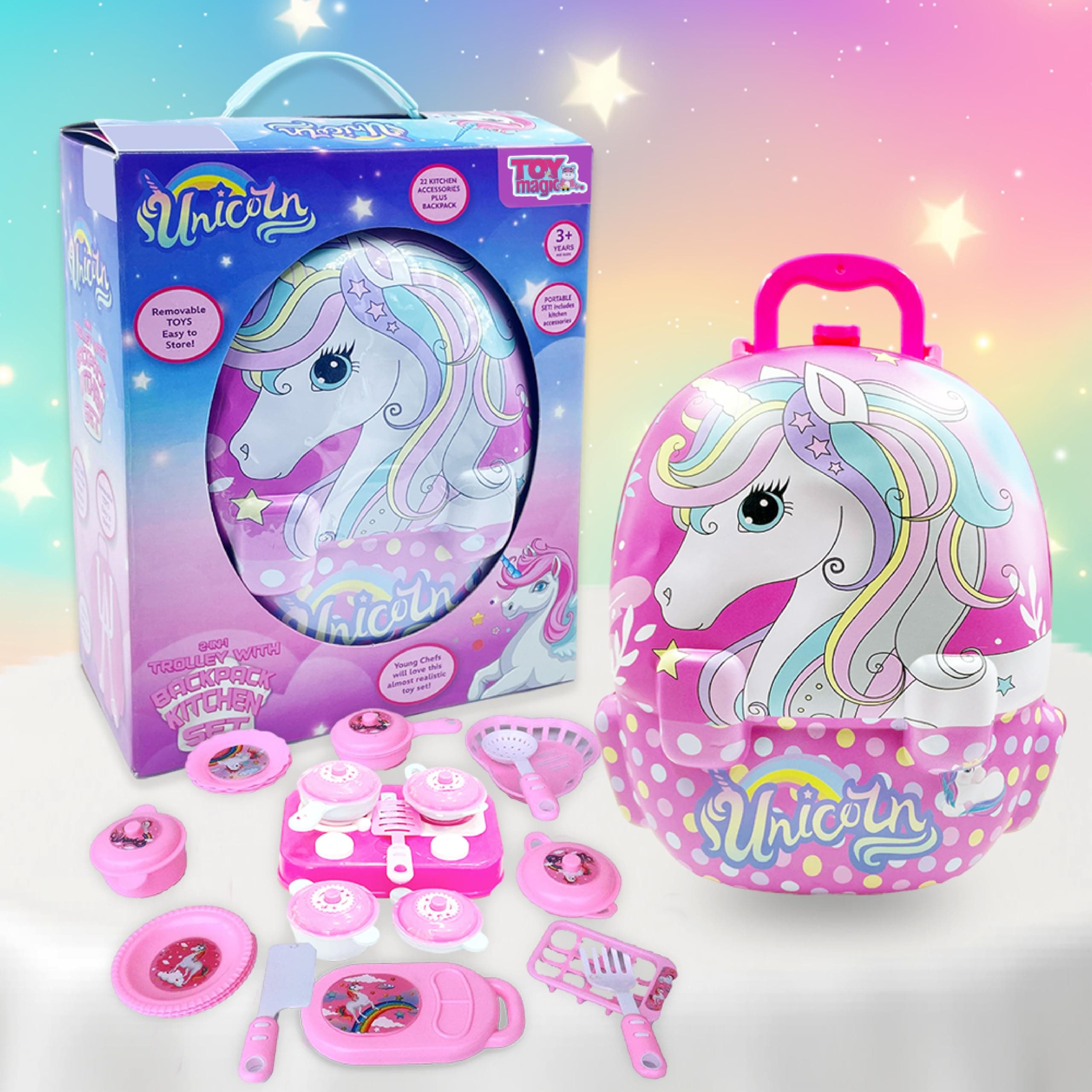 ToyMagic Unicorn Kitchen Set For Kids With 22 Accessories & Backpack| BO Pretend Play Cooking Toy For 3+ Old Girls |Making It Easy To Carry The Entire Set On The Go|Perfect For Playdates, Travel, Pink