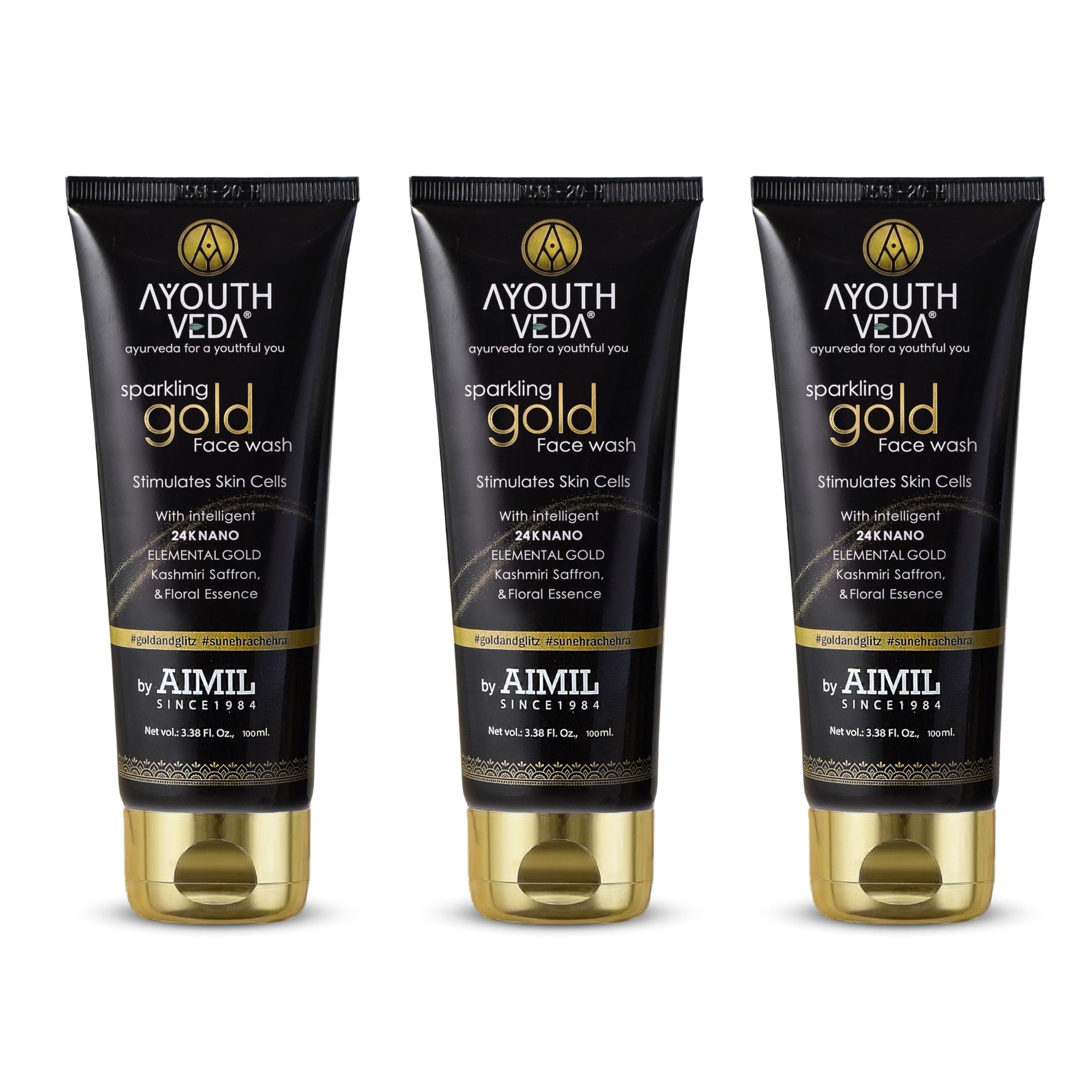 Ayouthveda Sparkling 100 ml Gold Face Wash With 24k Gold & Saffron | Face Wash for Glowing Skin Men and Women | Suitable for Normal & Dry Skin (Pack of 3;100ml each)