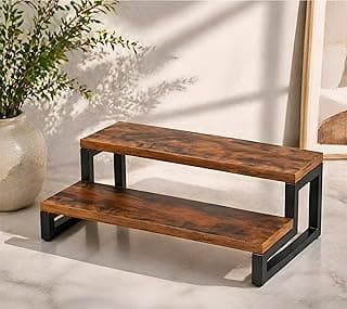 OXMIC Wood Display Riser Stand, Wooden Display Riser Shelf, Kitchen Counter Shelf Spice Rack Organizer, Tiered Countertop Display Shelf for Perfume, Makeup, Condiment(Brown Color) (2-Tier)