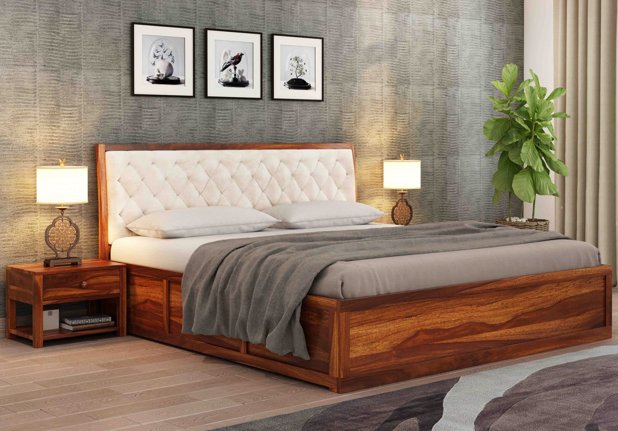 DRIFTINGWOOD Dolvi Solid Sheesham Wood Queen Size Bed with Storage | Wooden Double Bed Cot Bed with Box Storage & Upholstered Cushioned Headboard for Bedroom | Teak Finish