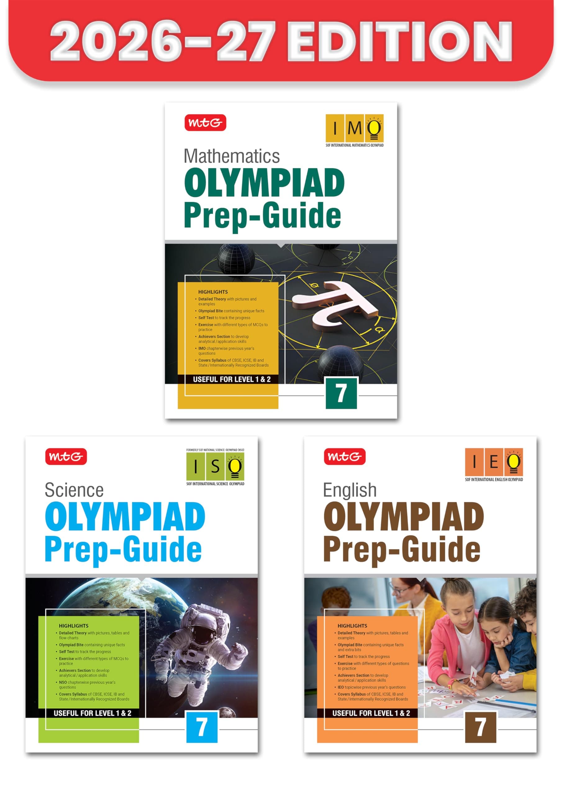 MTG Olympiad Prep Guide Class 7 Mathematics, Science & English (IMO-ISO-IEO) | Detailed Theory, Exercise with Self Test For Practice | SOF Olympiad Books For Exam 2026-27 (Set of 3 Books)