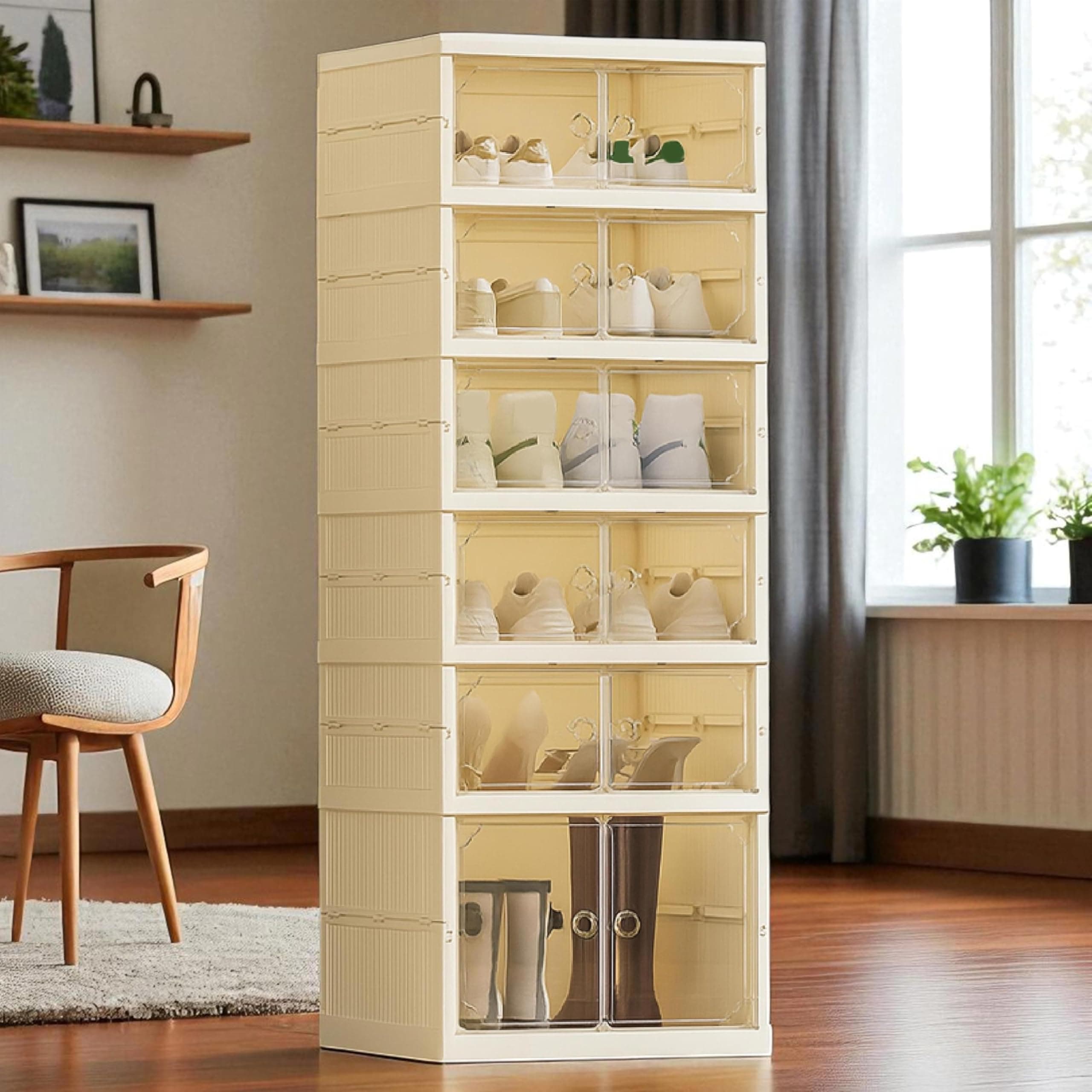 HomeStrap Shoe Stack Foldable Shoe Organizer with Wheels | Fits 12 Pairs | 6-Slot Shoe Rack with Clear Magnetic Doors | Dust & Moisture-Proof Multipurpose Storage for Entryways, Bedrooms & More