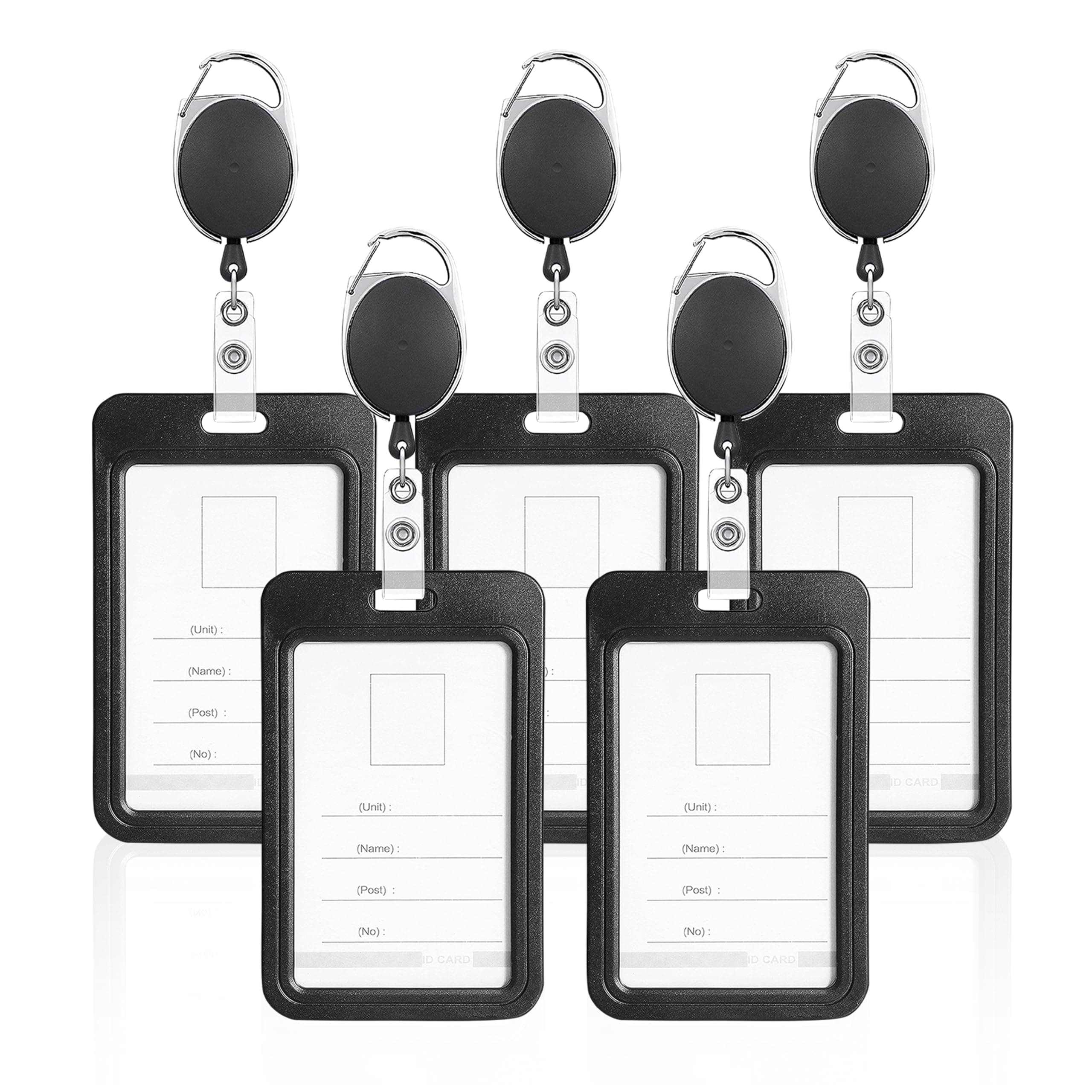 GLUN® Pack of 5 Sliding Badge Holders, Hard Black Vertical Card Cases with Retractable Reels & Carabiners for Office, School ID, Credit, Key Cards, & Driver’s License