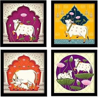 Rousrie Pichwai Art Painting Wall Frames For Living Room | Pack of 4 | Wall Hanging Decorative Items | Decoration Items For Home | Waterproof Film