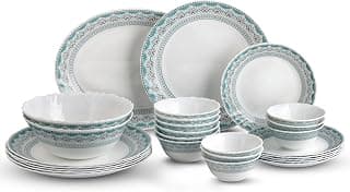 CELLO Celeste Imperial Plus Series Opalware Dinner Set of 27 Piece For Family of 6 | Bone-Ash Free & Leadfree Opal Glass Microwave & Dishwasher Safe Crockery Plates & Bowls Set For Daily Use & Gifting