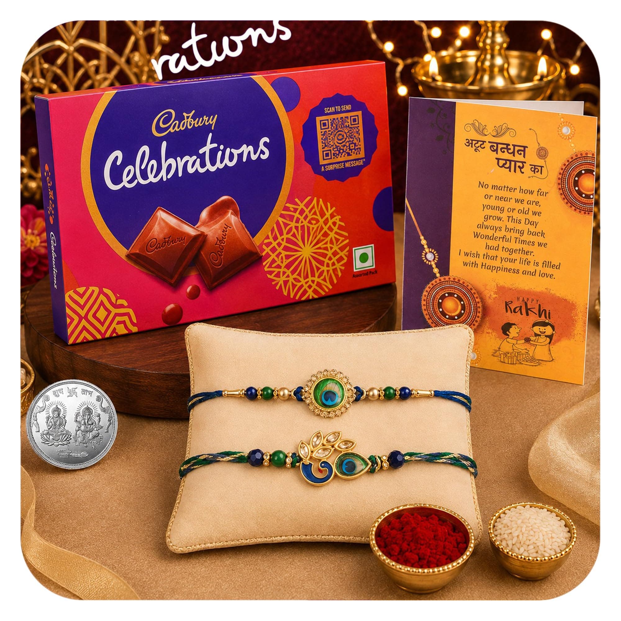 CraftVatika Rakhi Gift for Brother and Bhabhi With Chocolate Pooja Coin Combo| Mor Pankh Rakhi for Men Boy Bhaiya Girls |Cadbury Celebrations with Rakhi with Chocolate Gift Pack Rakhi Set of 2
