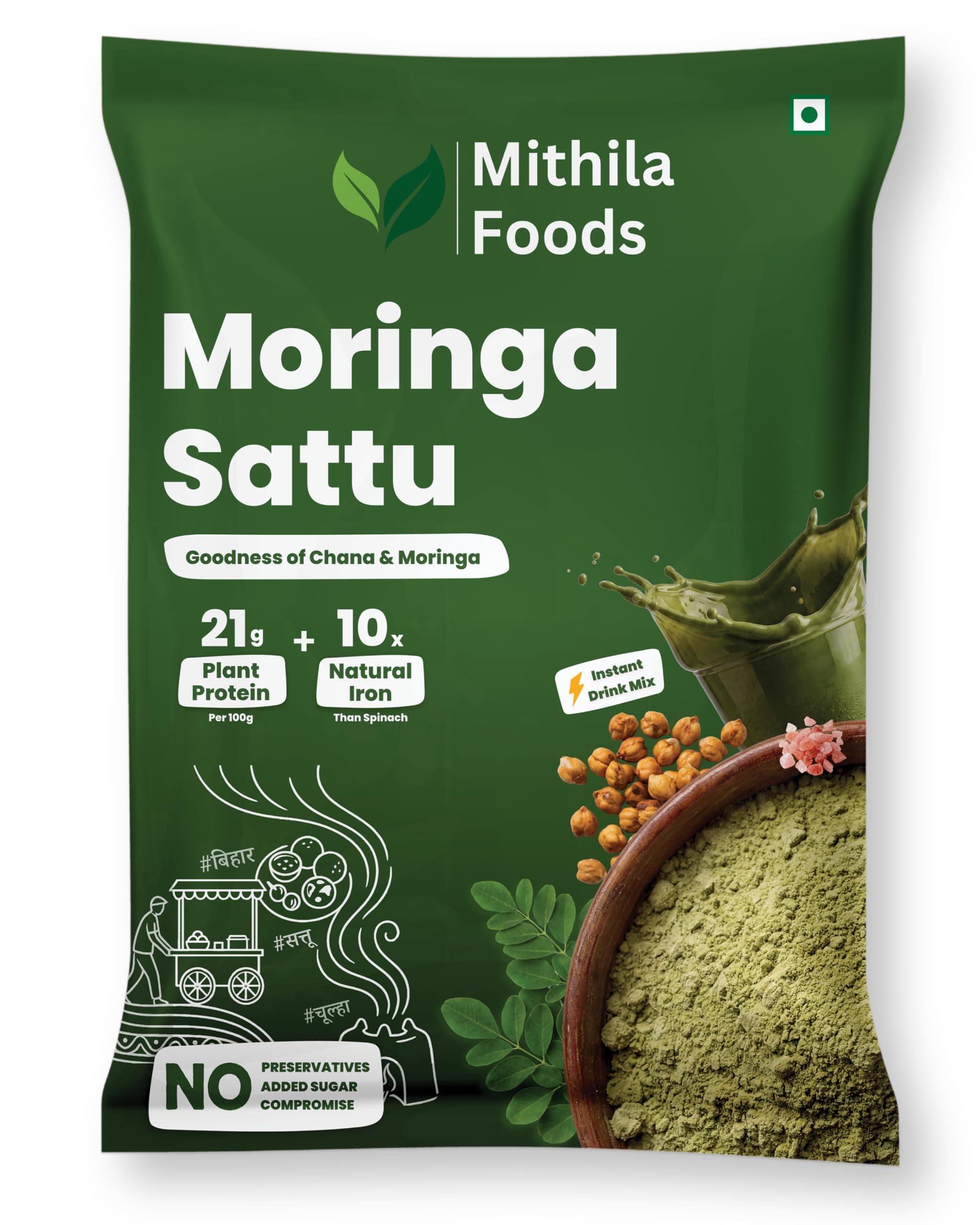 MITHILA FOODS Moringa Sattu 500g | Ready-to-Drink High Protein Superfood | Roasted Chana Sattu + Moringa Leaf Powder + Salt Spices Mix | Boosts Energy, Stamina & Immunity | Authentic Taste of Bihar