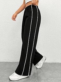 DORMITORRY Women Casual Loose Fit Track Pants High Waist Elastic Waistband Straight Wide Leg Trousers with Side Piping, Gym Yoga Running Athletic Sweatpants Comfortable
