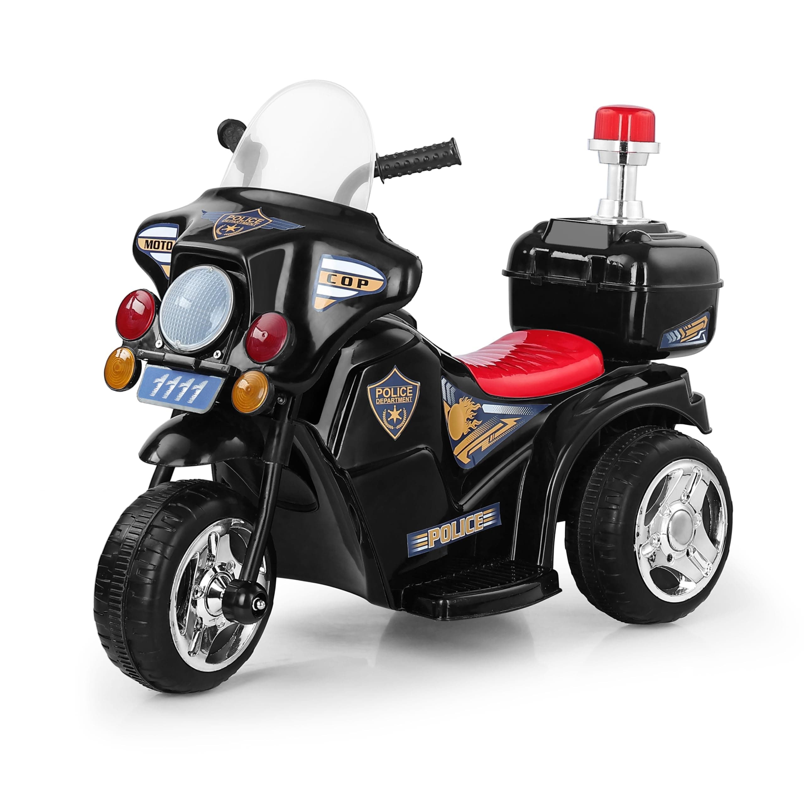 Baby Go Electric Bike for Kids | Police Bike | Music | LED Lights | Storage Box | Rechargeable 6V Battery, 60+ Minutes Playtime | Ride on Bike for Boys and Girls 1-4years | Black