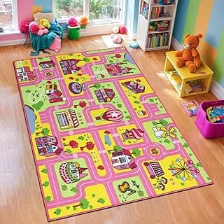 Capslpad Kid Rug for Playroom Pink Play Rug Traffic Road Car Play Mat 5.2x3.3 ft Educational Learning Area Rug Washable Kids Carpet for Children Girls Bedroom,Playroom,Nursery Room Decor