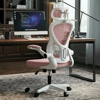 DROGO Ergonomic Office Chair for Work from Home with Breathable Mesh, Flip-up Armrest, Adjustable 3D Headrest & Lumbar Support | Computer Chair for Study | Gaming Chair with 130° Recline (White/Pink)