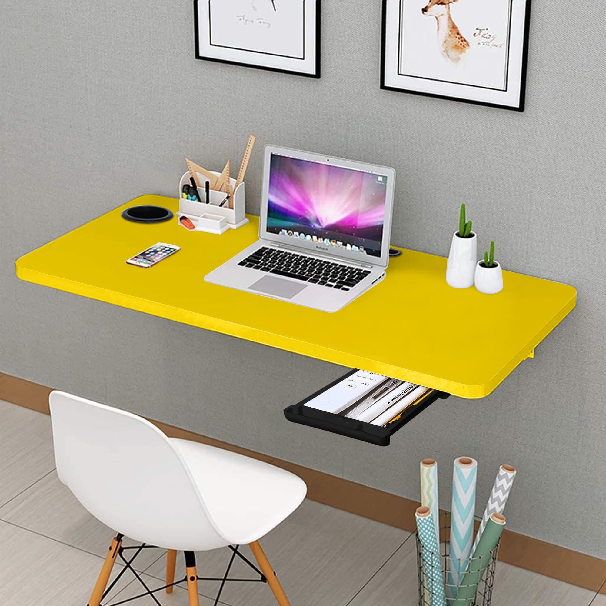 QARA Wood 31x18.5 Inch Wall Mounted Folding Study Table with Drawer & Cup Holder - Yellow, Powder Coated