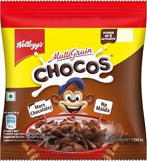 Kellogg's Chocos, with Protein & Fibre of 1 Roti* in Each Bowl**, High in Calcium & Protein, with 10 Essential Vitamins & Minerals, Breakfast Cereals, 52g Pack
