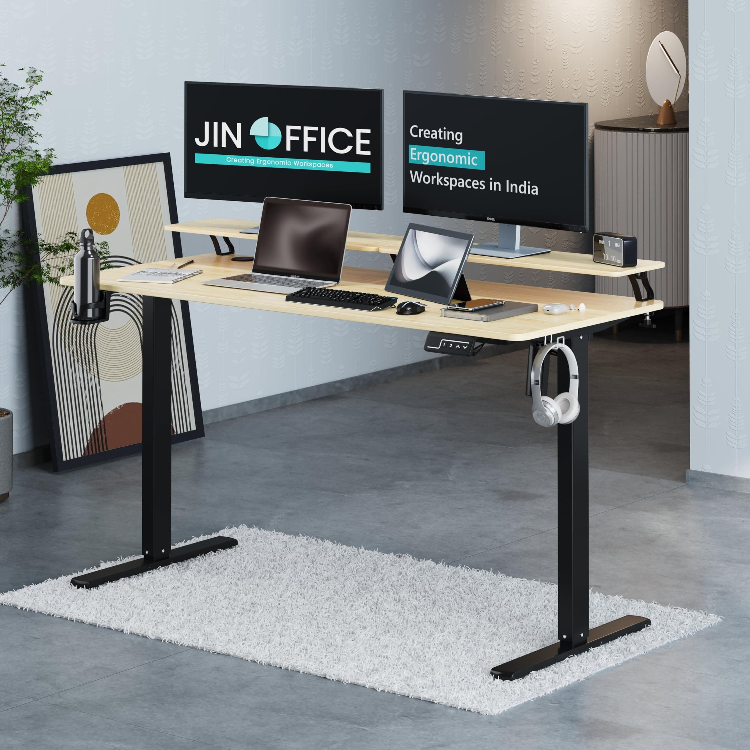JIN OFFICE Ascend Electric Height Adjustable Desk with Monitor Riser| Standing Desk with Cup Holder | 3 Year Warranty,80 KG Wt. Cap, Memory Presets| Sit Stand Ergonomic Desk 1400 * 600mm Maple Top