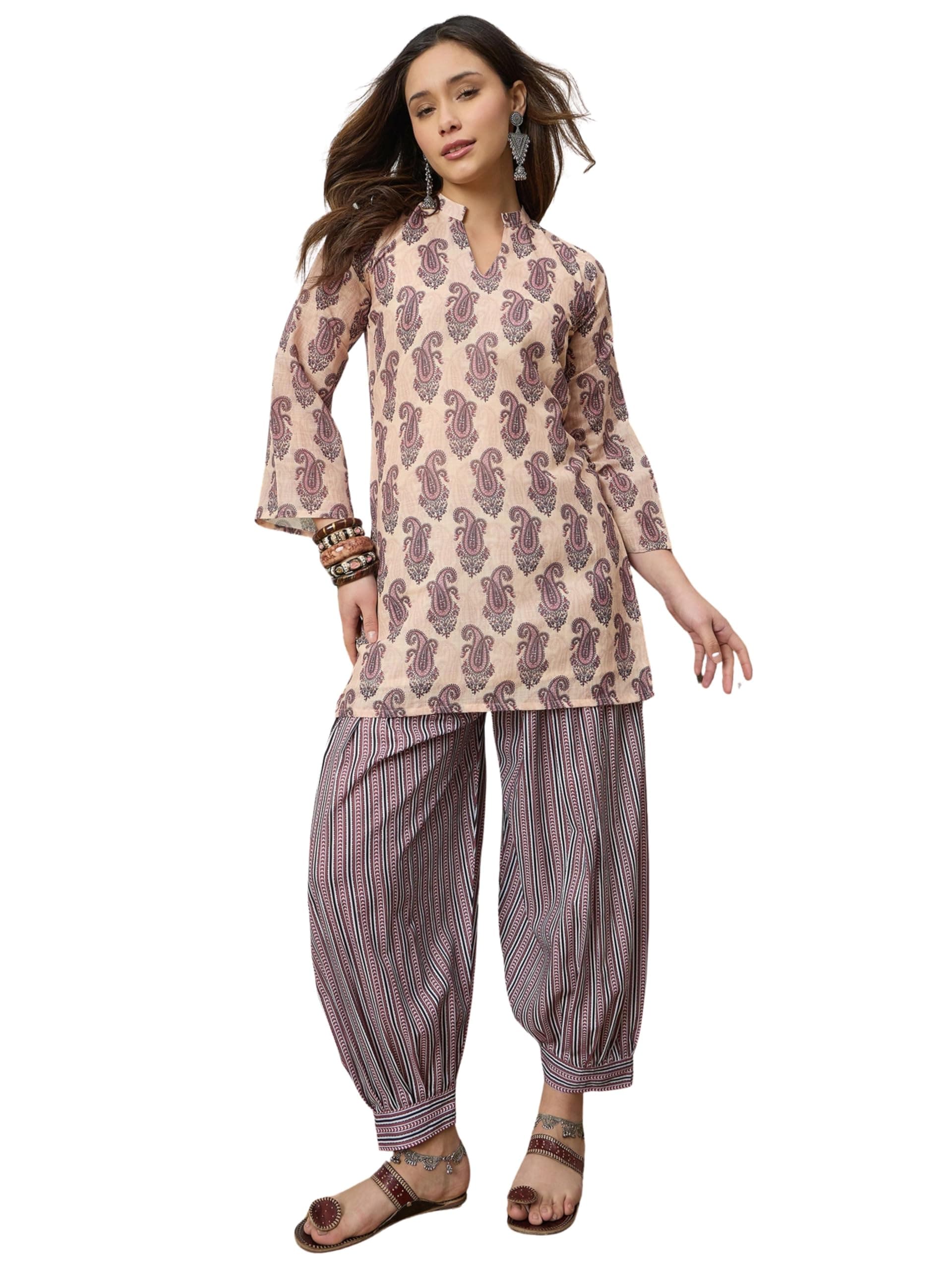 EthnicJunction Women's Linen Floral Print Summer Wear Straight Short Kurti With farshi Salwar Set | Kurta Pant Set | Office wear Kurta Set | farsi salwar suit