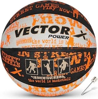 Vector X Power Rubber Moulded Indoor/Outdoor Basketball with Butyl Bladder, Black-White-Orange, Size: 7 (Suitable for Practice/Match/Training) + Free Air Needle