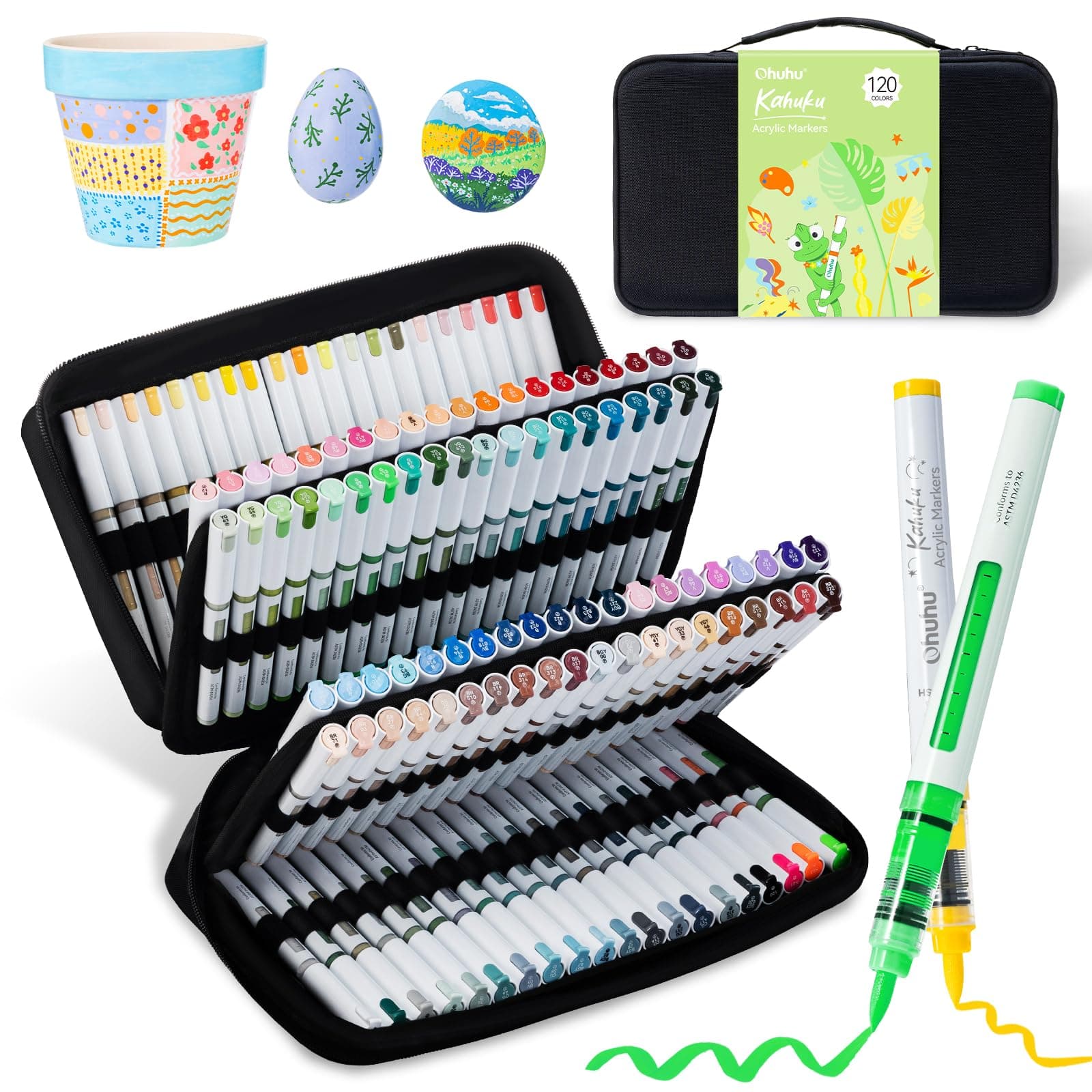 Ohuhu Acrylic Markers Brush Tip: 120 Colors Automatic Ink Control Acrylic Markers High Opacity Paint Pens Waterproof Lightfast for Rock Painting 3D Prints Easter Eggs Wood DIY Crafts - Kahuku