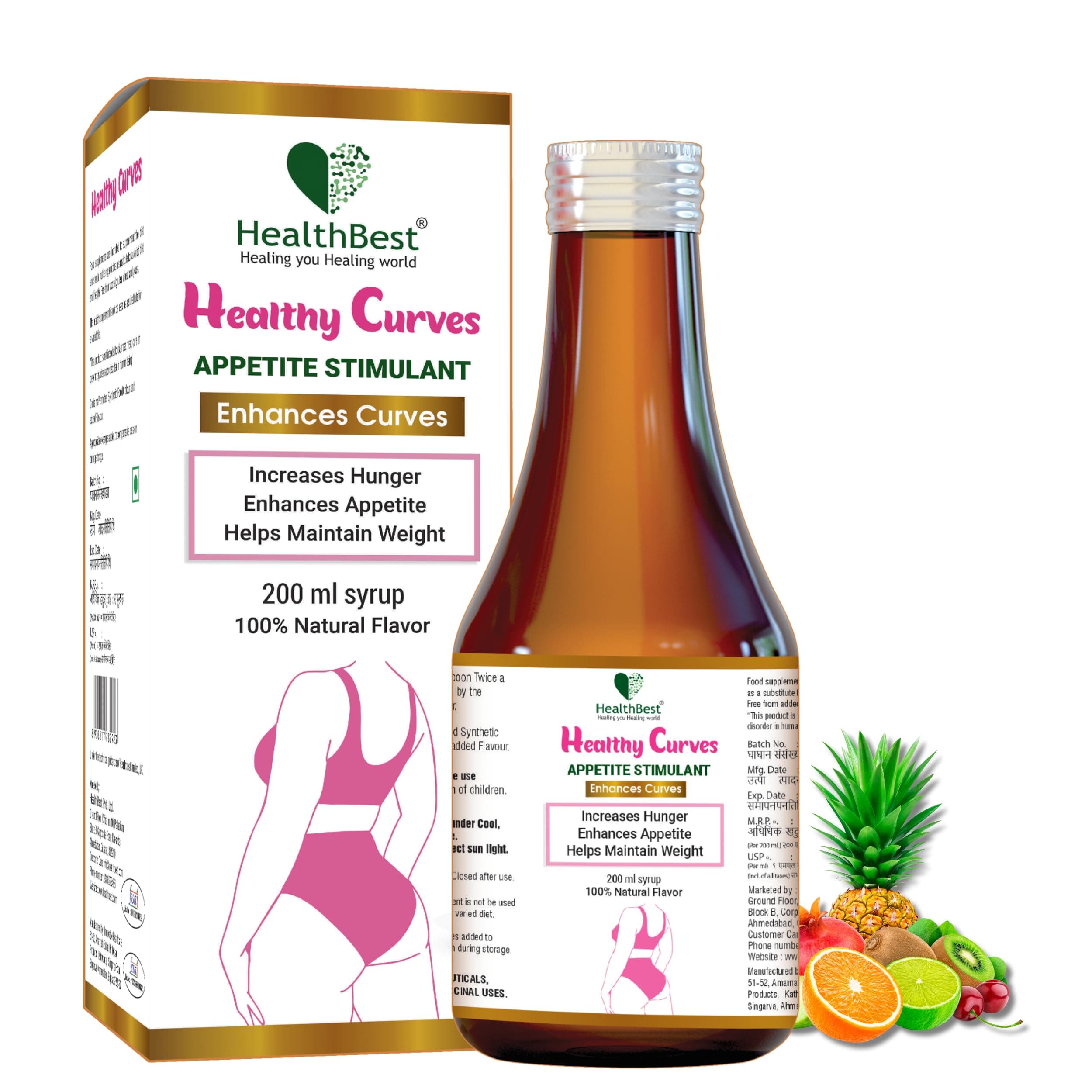 Healthbest Weight Gain Syrup For Women & Girls - 200ml - Enhance Curves & Body Shape - Boost Appetite, Digestive Metabolism & Energy Tonic - Pineapple Flavor