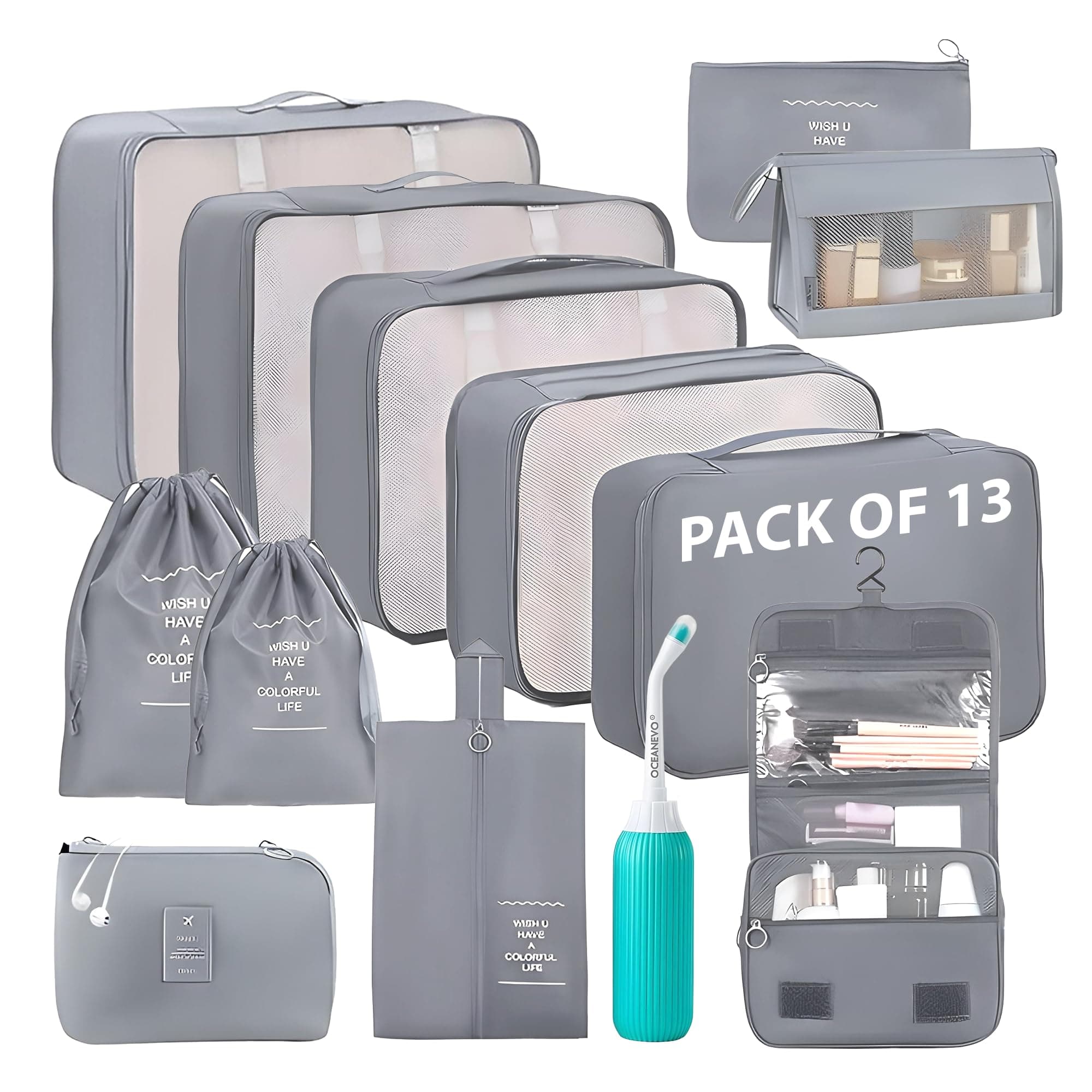 OCEANEVO Set of 13 Packing Cubes with Portable Travel Bidet | Travel Organizer Bags for Luggage & Suitcase, Includes Mesh Bags, Lingerie & Shoe Bag, Cosmetic Pouch, Toiletry Bag