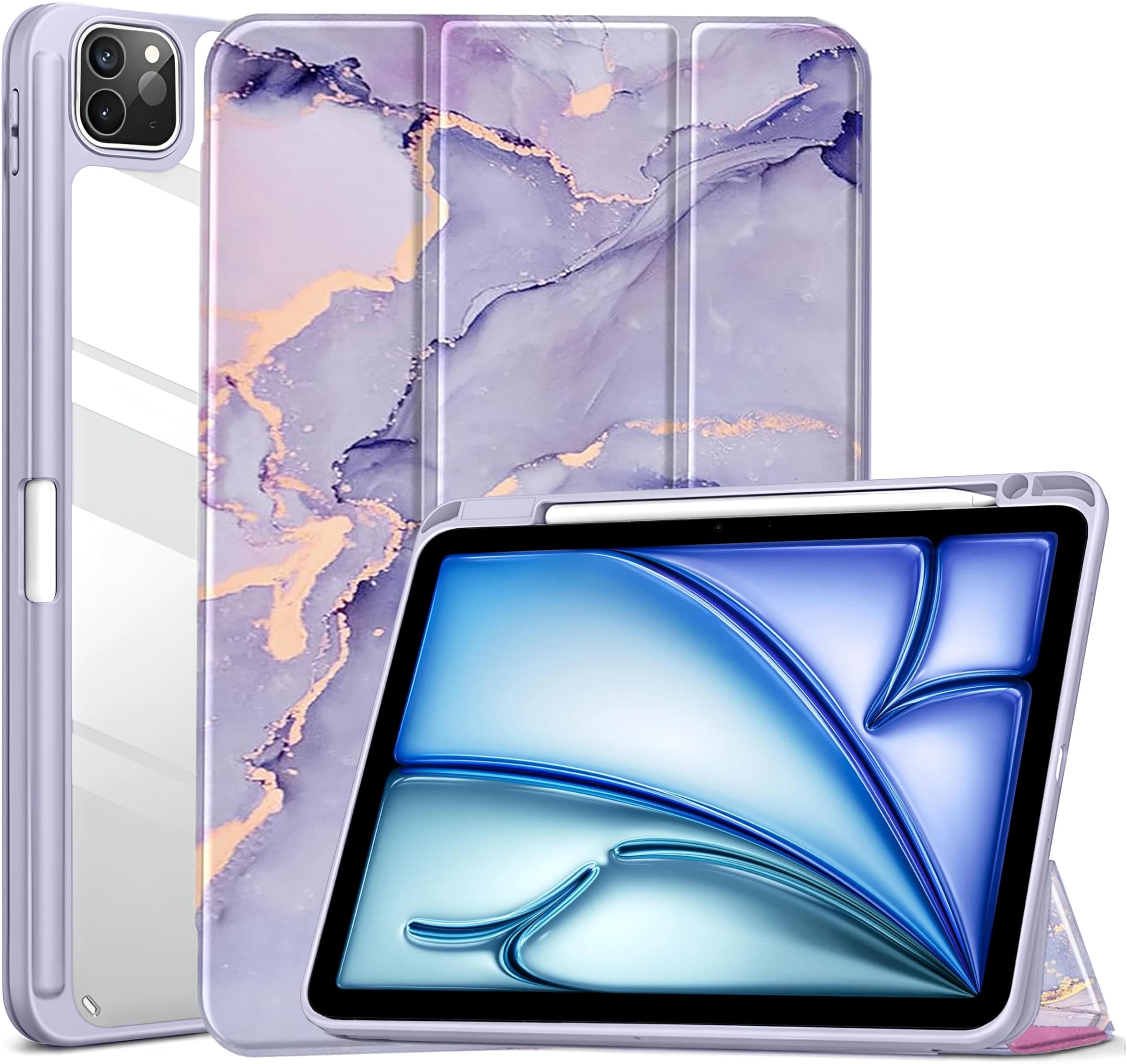 ProElite Case for iPad Air 11 Inch M4/M3/M2 2026/2025/2024, iPad Air 10.9 inch 5th/4th Gen & iPad Pro 11" 4th/3rd Gen Cover, Transparent Smart Flip Cover with Pencil Holder, Marble Purple