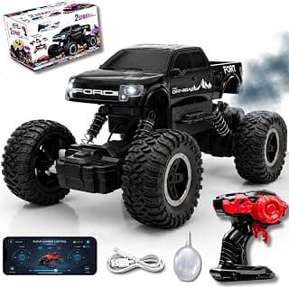 Big Size Rock Crawler Rc 4x4 Car Monster Truck Toy for Boys Girls Kids, Off-Road Vehicle with LED Headlights & Music, Dual Mist Fog Spray Function, Anti-Skid Rubber Tires, Birthday Gift 6121 Black