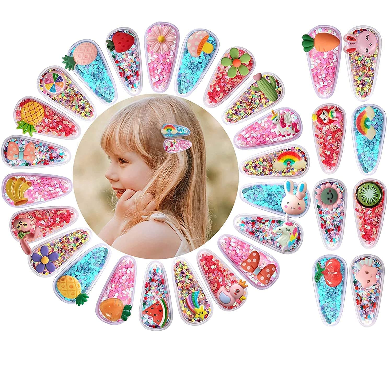 ANNACREATIONS 20 Pcs Sequins Snap Transparent Fruit Cartoon Animal Glitter Hair Clip Hair Accessories For Girls