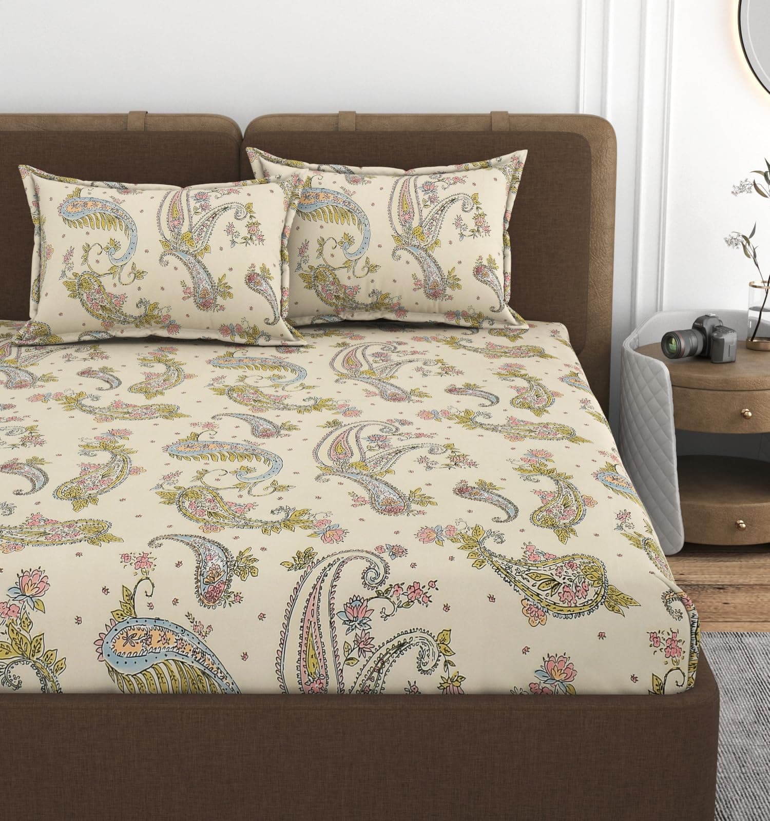 VOMZER XXL Microfiber Soft Cotton King Size Printed Bedsheet For Double Bed, King Size 108 X108 In, 9 Feet, 275X275 Cm | 2 Large Size Pillow Covers Without Joint - Mor Pankh, 280 Tc - 350 Tc, Cream
