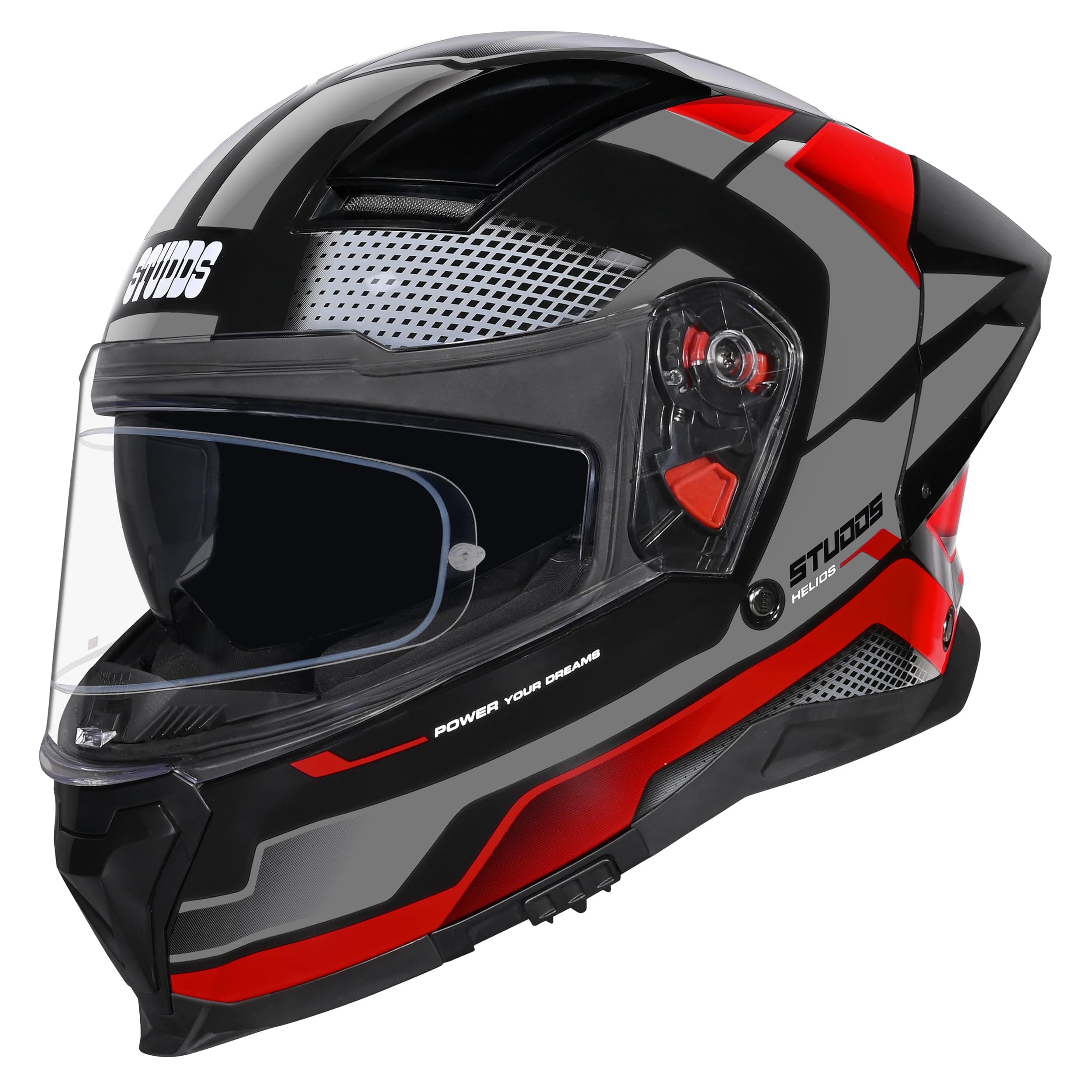 STUDDS Helios Asphalt Full Face ISI and DOT Certified Helmet with Dual Visor Black Grey & RED - L