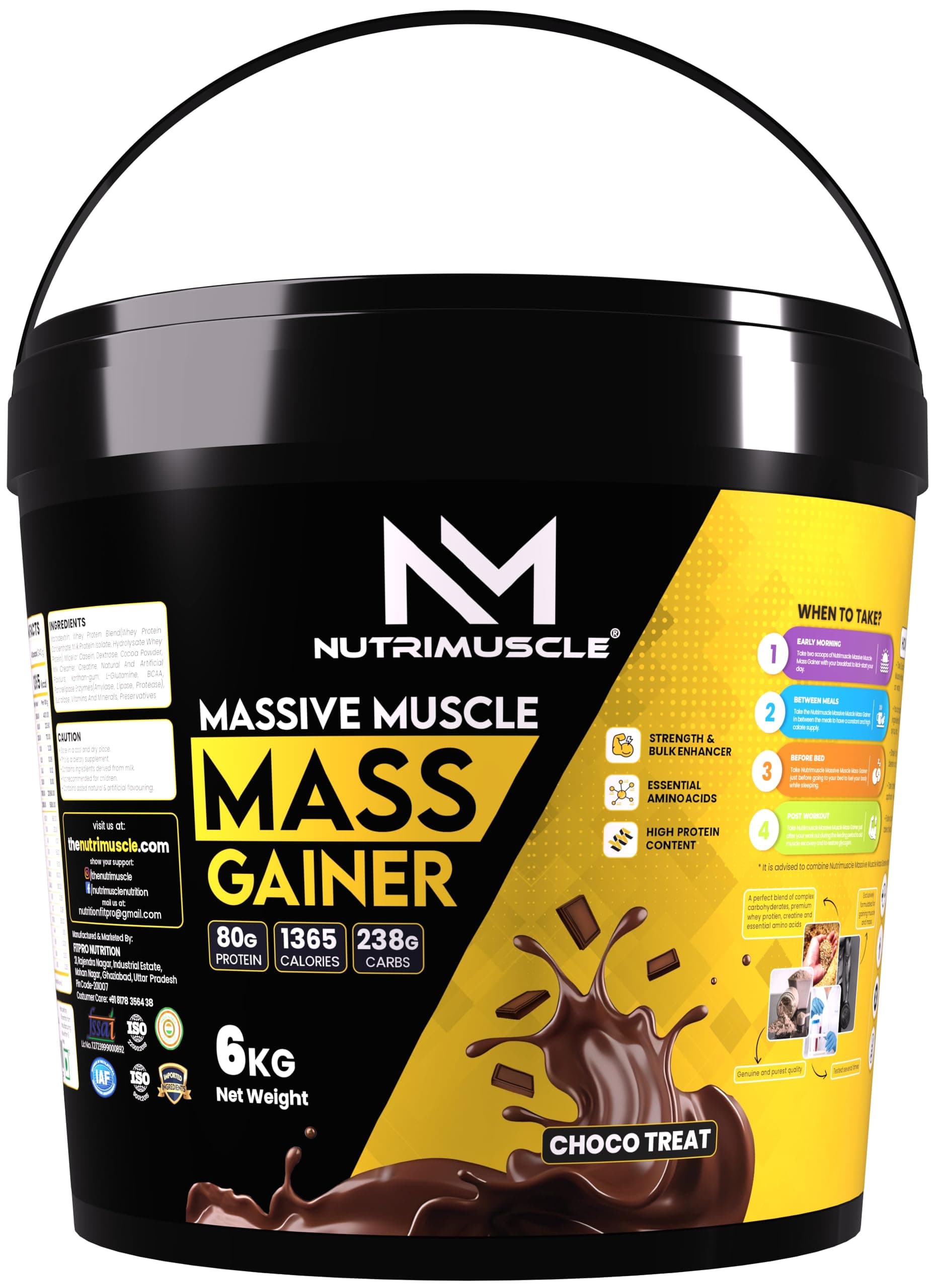 Nutrimuscle Massive Muscle Mass Gainer - 6kgs - Choco Treat (Chocolate) Flavour for Mass, Muscle, Power & Strength Gain - Contains Complex Carbohydrates, Whey Protein, BCAA , Digestive Enzymes & Essential Vitamins & Minerals - Also Contains Nutrimuscle CREATINE MONOHYDRATE - High protein Gainer