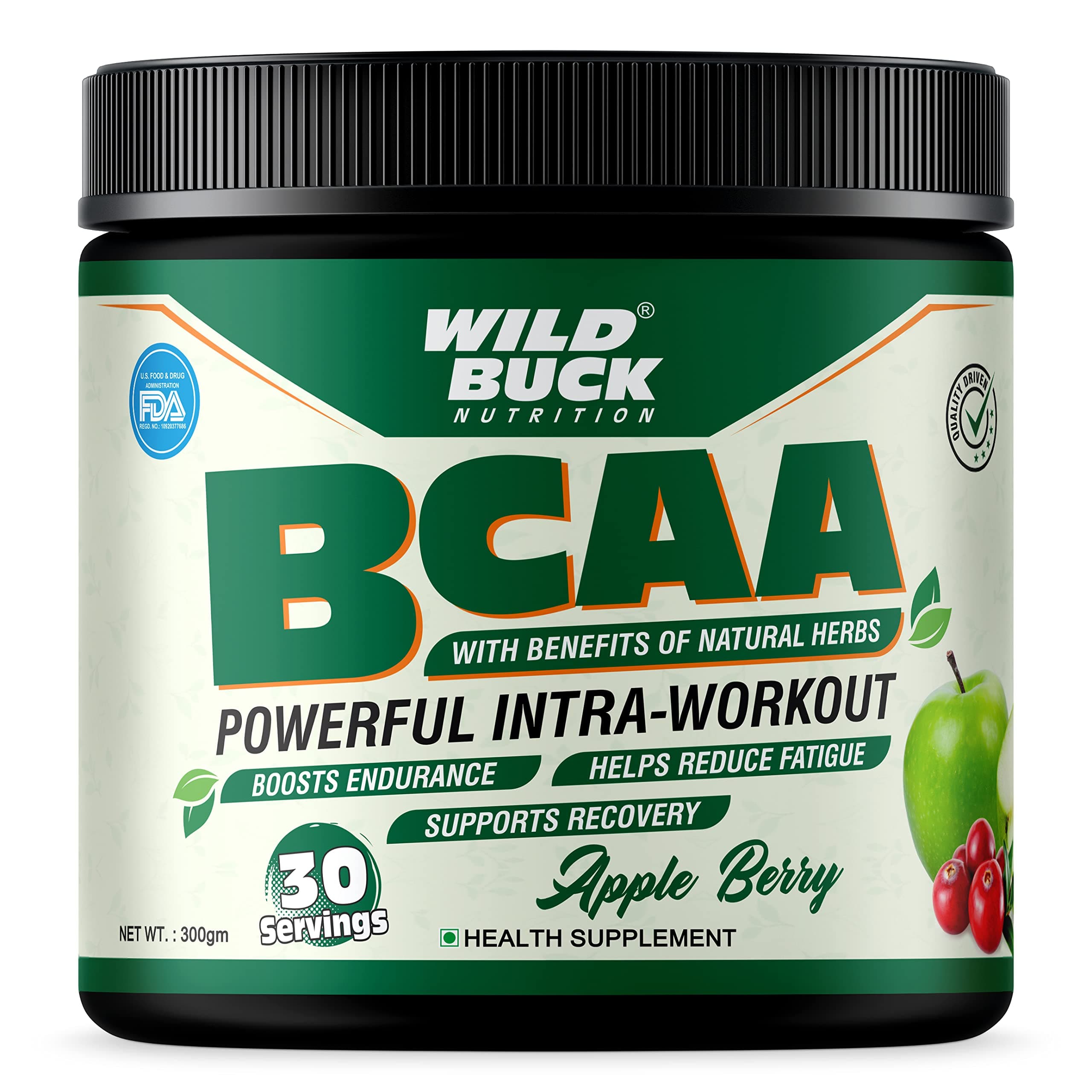WILD BUCK Bcaa Powder With Natural & Powerful Herbs For Muscle Endurance & Growth, Recovery & Hydration|Pre, Intra & Post Workout Bcaas Supplement For Women & Men [Apple Berry, 30 Servings, 300 grams]