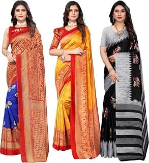 Yashika Women's Combo Art Silk Saree with Blouse Piece-Pack of 3(Metro Royal Blue-MINALI Mustard-NAURTA Black) RYL MSTRD Multicolor-12