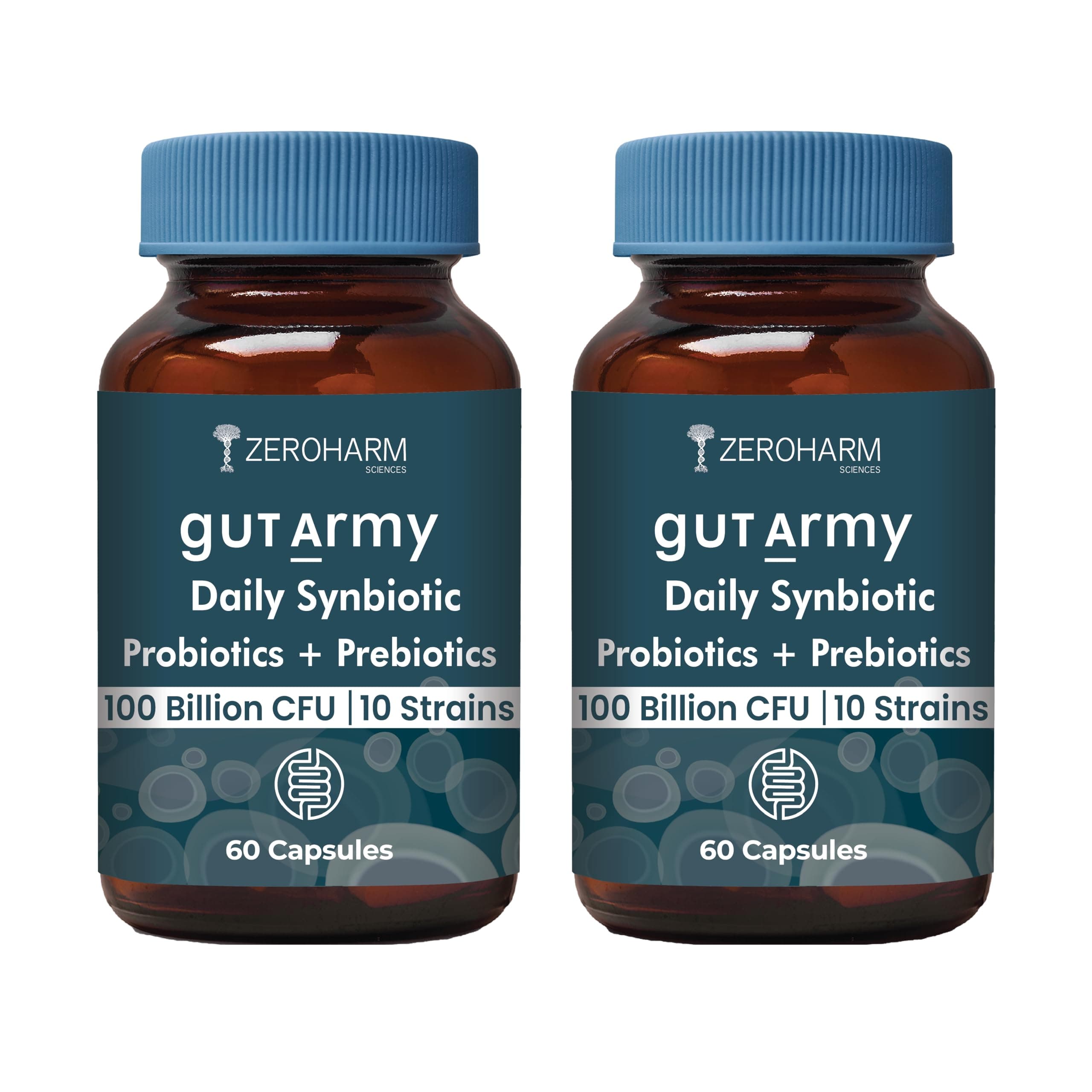 ZEROHARM Gut Army Prebiotics & Probiotics Capsules | 10 Unique Strains 100 Billion CFU with Inulin | Pre & Probiotics Supplement for Gut Health, Digestion, Colon Cleanse & Skin Care | 120 Capsules