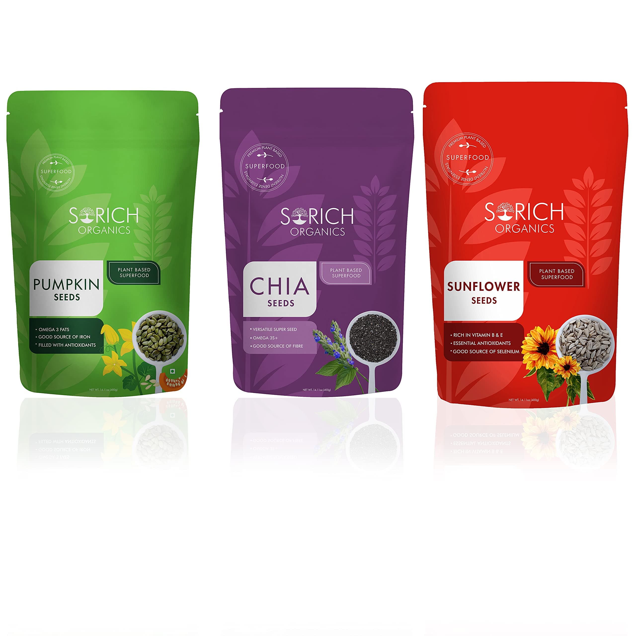 Sorich Organics Chia, Pumpkin and Sunflower Seeds Combo Gift Box 400gm Each | Seeds for Eating | Seeds | Healthy Snacks | Diet Food | Immunity Booster (1200gm, Pack of 3)