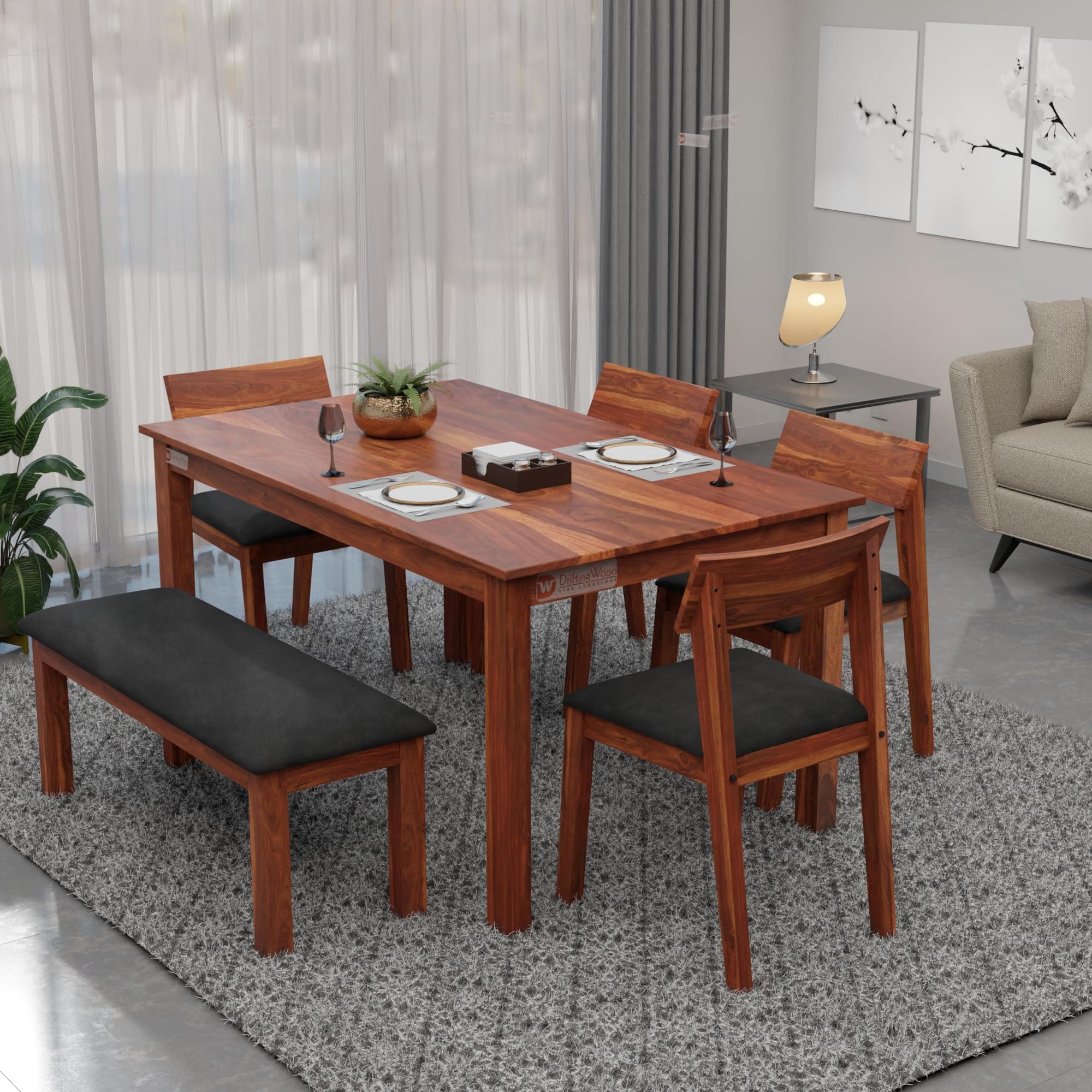 DRIFTINGWOOD Liana 6-Seater Dining Table Set - Sheesham Wood Natural Honey Finish with Table, 4 Cushioned Chairs & Bench - Ideal for Kitchen & Living Room - Assembly Required