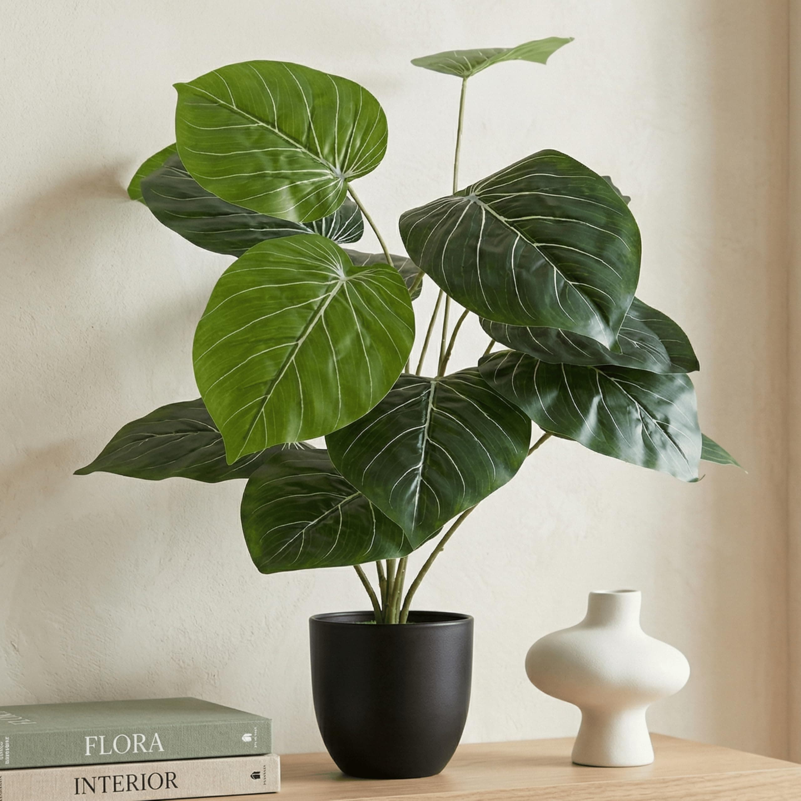 Dekorly Plastic Artificial Palm Plants Leaves Faux Turtle Leaf Fake Monstera Tropical Large Palm Tree Leaves Outdoor Leaf Decorations | 26Inch Plants with Blackpot (Alocasia(White Lines Leaves))