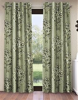 Fashion String 2 Pieces Floral Blossoms Eyelet Polyester Door Curtains - 7 Feet, Green