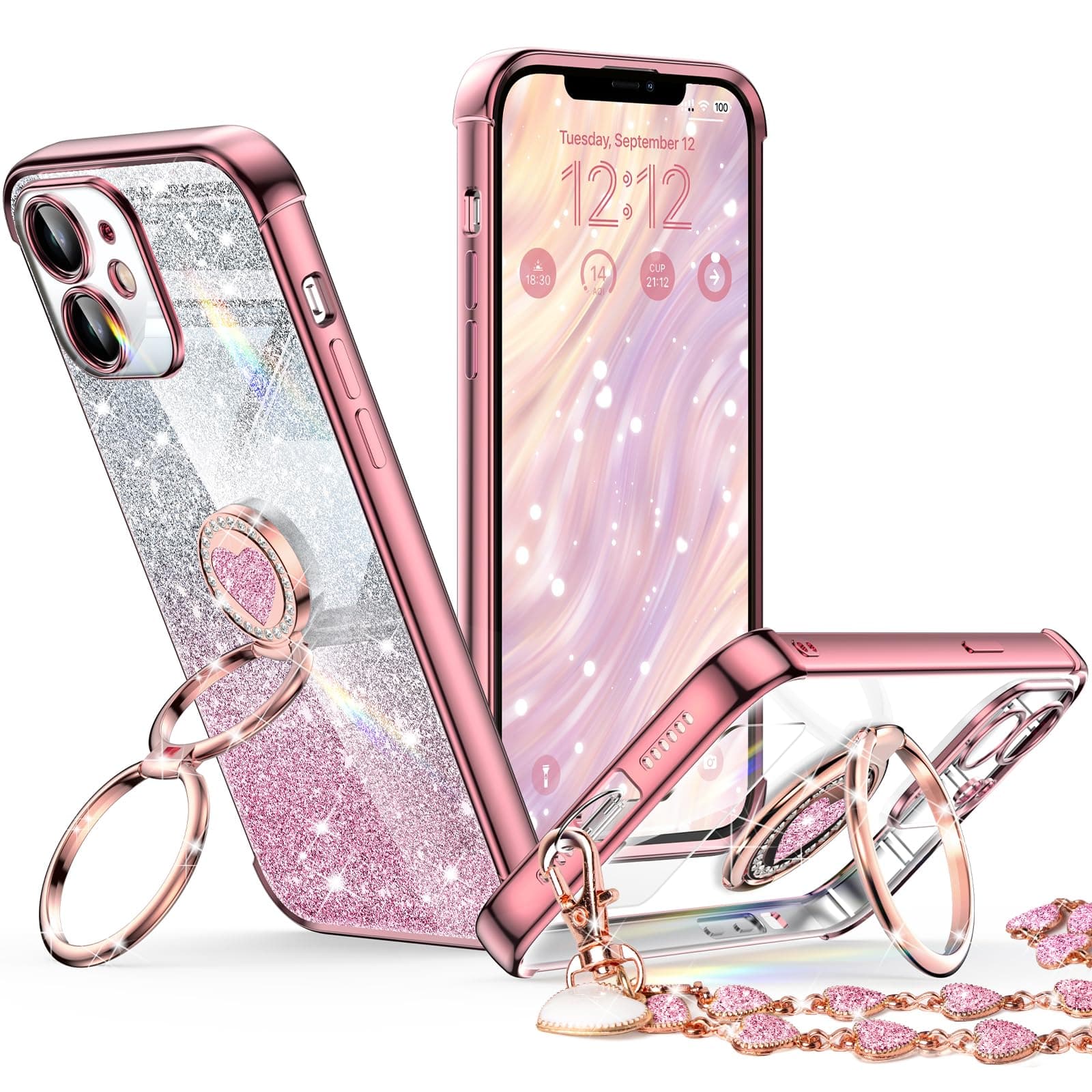 XYZ for iPhone 12 Back Cover Case with Stand, Phone Case with Double Ring Kickstand, Women Girls Bling Luxury Glitter Clear Phone Case Cover Heart for iPhone 12, Rose Gold