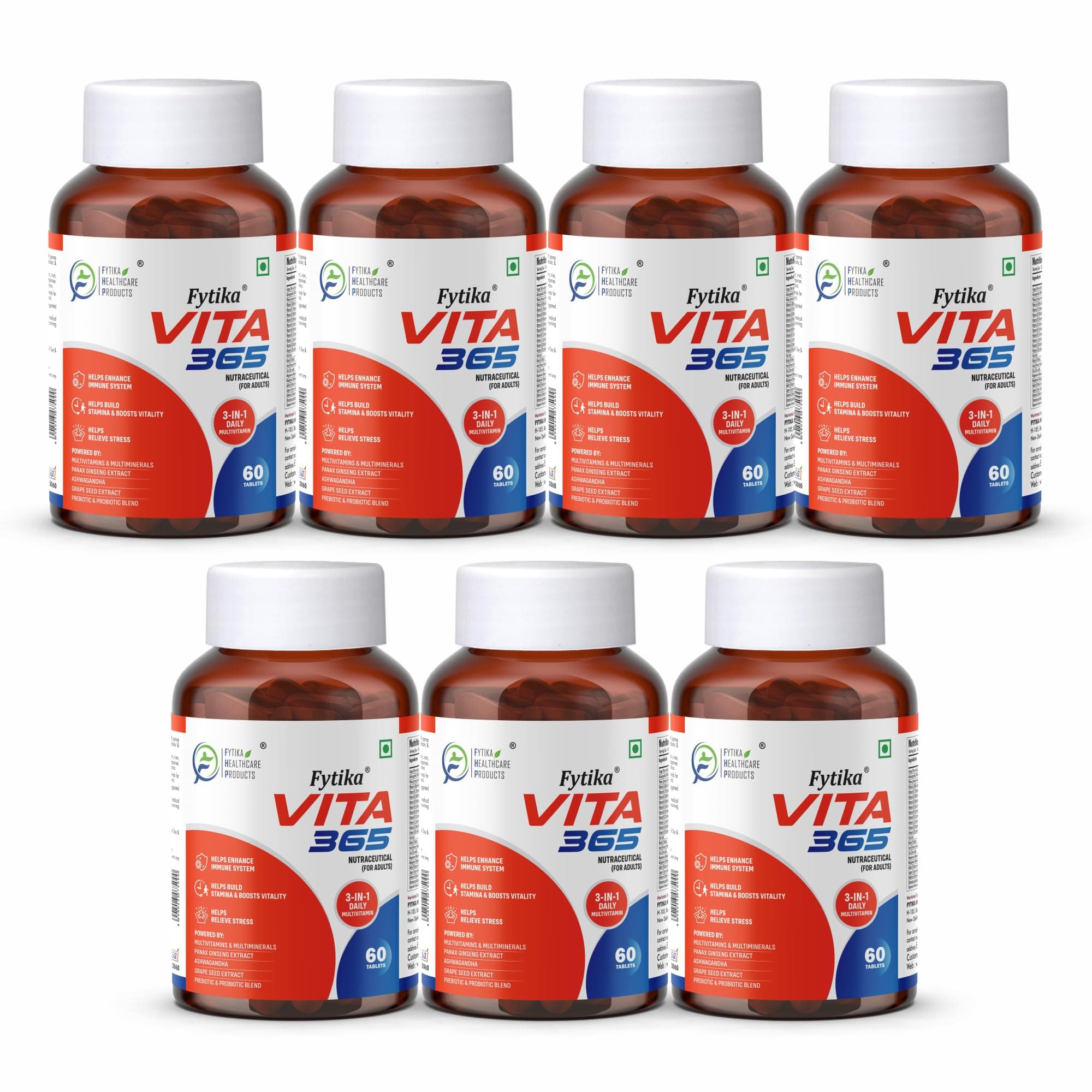 Fytika Vita 365, 3 in 1 Multivitamin - Boosts Energy, Gut Health, Manages Stress, Ashwagandha, Probiotics, Ginseng, For Men, Women - 420 Tablets (Pack of 7)