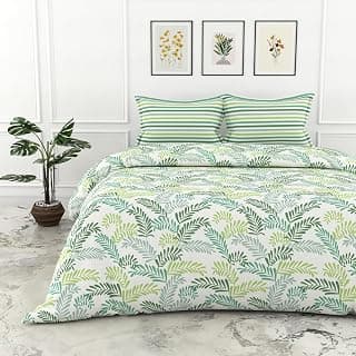 LORETO - A QUALITY LINEN BRAND 100% Cotton Bedsheet for Double Bed, 1 Double Bedsheet with 2 Pillow Covers | 144 TC Queen Size Double Bedsheet Cotton, Green, Leafy Haven