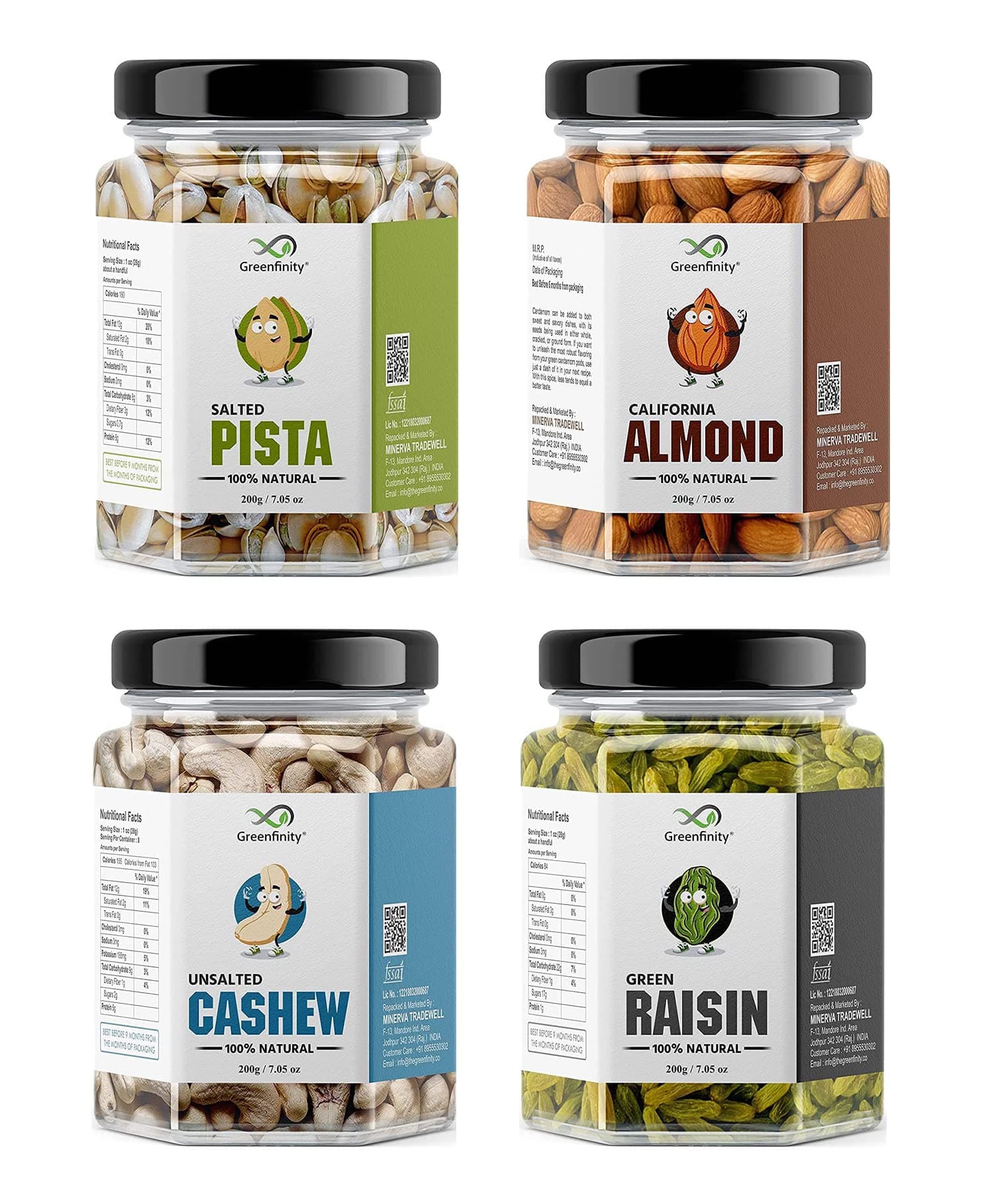 GreenFinity Premium Dry Fruits Combo Pack | California Almonds, Unsalted Cashews, Salted Pistachios & Green Raisins | 200g Each | Healthy Snacks & Corporate Gifting