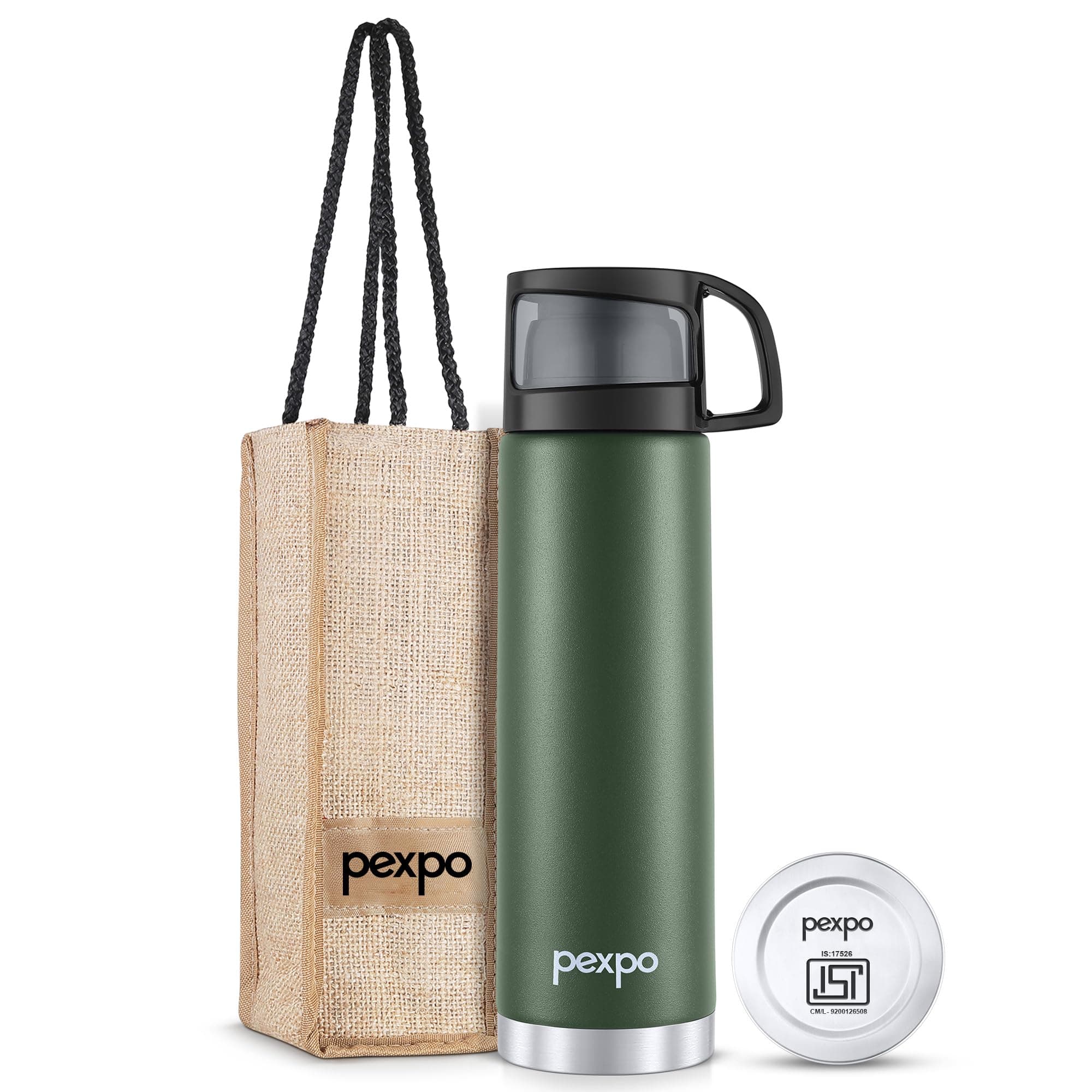 Go24 pexpo Stainless Steel Water Bottle 500ml, ISI Certified, Hot & Cold Flask with Jute Bag | 3 Layer Insulation | Leak Proof| 2 Year Warranty | for School, Office | Fererro | Military Green