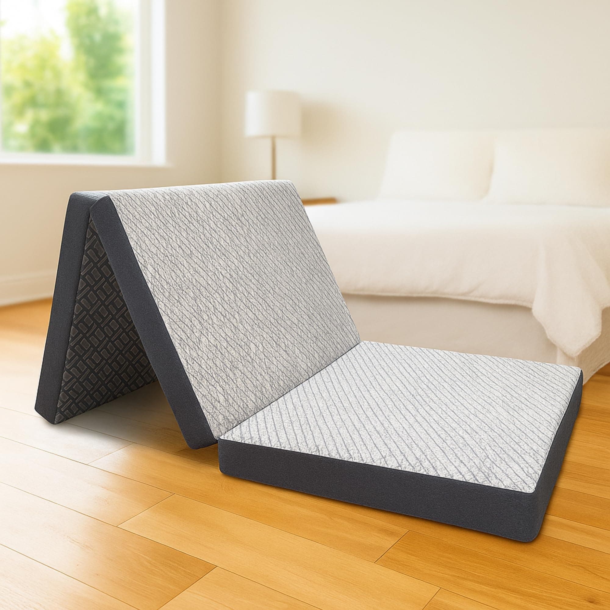 Rhythm Lite Foldable Mattress for Floor Sleeping Tri Fold 3-Inch High Resilience HR Foam Medium Firm Back Pain Support Queen Foldable Bed Mattress Guest Travel Bed Lightweight Portable Compact 72X60