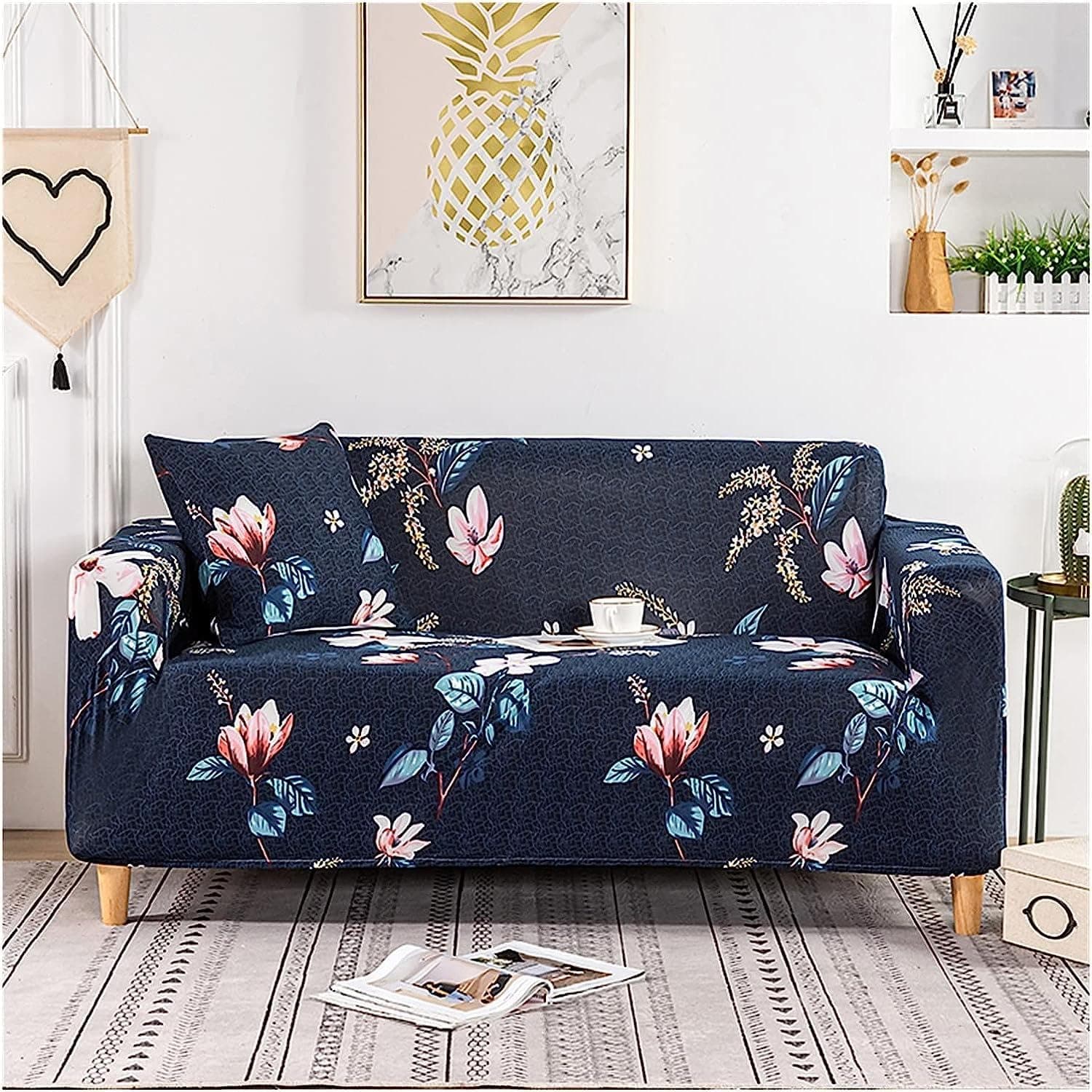 Outlay Home Universal 3 Seater Sofa Cover with Elasticity, Protective, Stretchable, Spandex & Polyester Sofa Slipcover (3 Seater, 185cm * 230cm) (Blue Flower)