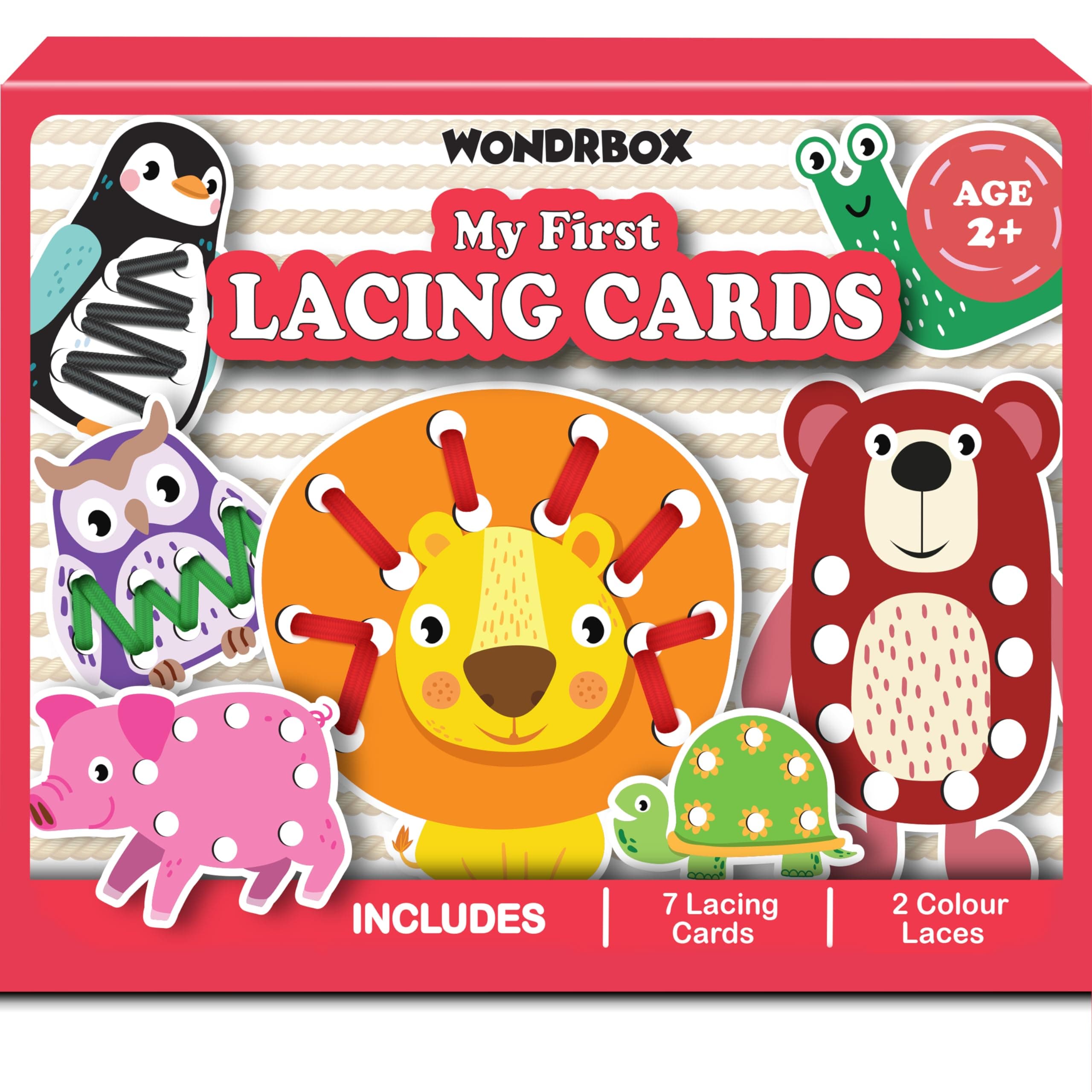 WONDRBOX Montessori Animal Lacing Cards Activity Educational Toy for Kids Age 2 3 4 Year Old | Autistic, Occupational Therepaist Games | Includes 7 Thick Lacing Cards and 2 Laces