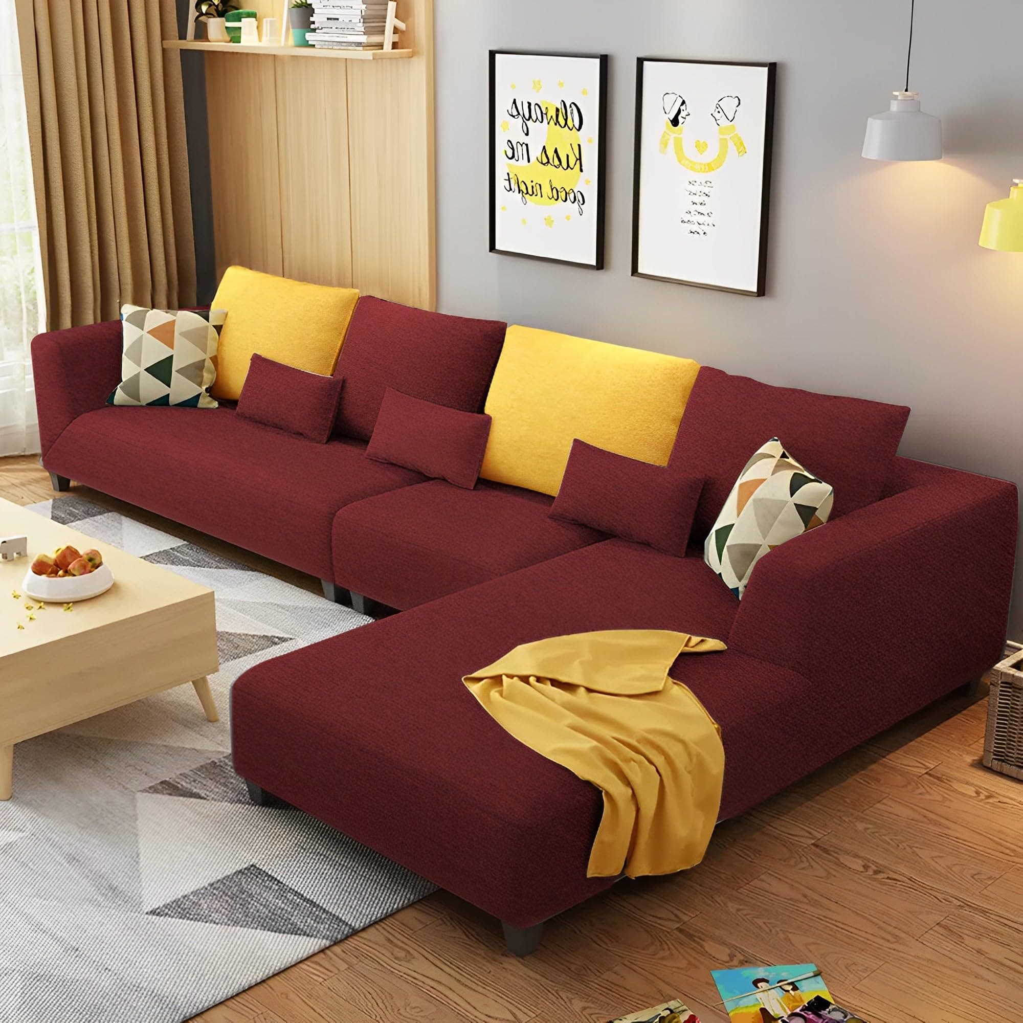 Casaliving Minta RHS 6 Seater L Shape Sofa Set for Living Room (Maroon Fabric)