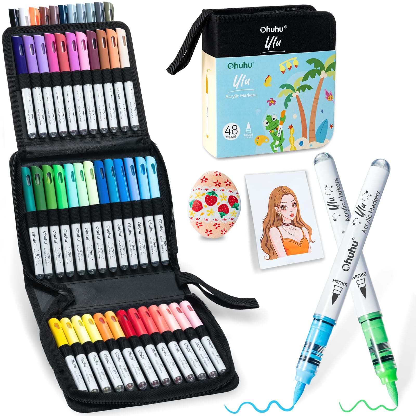Ohuhu Acrylic Paint Markers Set Brush Tip 36 Colors - Ulu | Automatic Ink Control High Opacity Paint Pens Waterproof Lightfast for Rock Painting 3D Prints Easter Eggs Wood DIY Crafts
