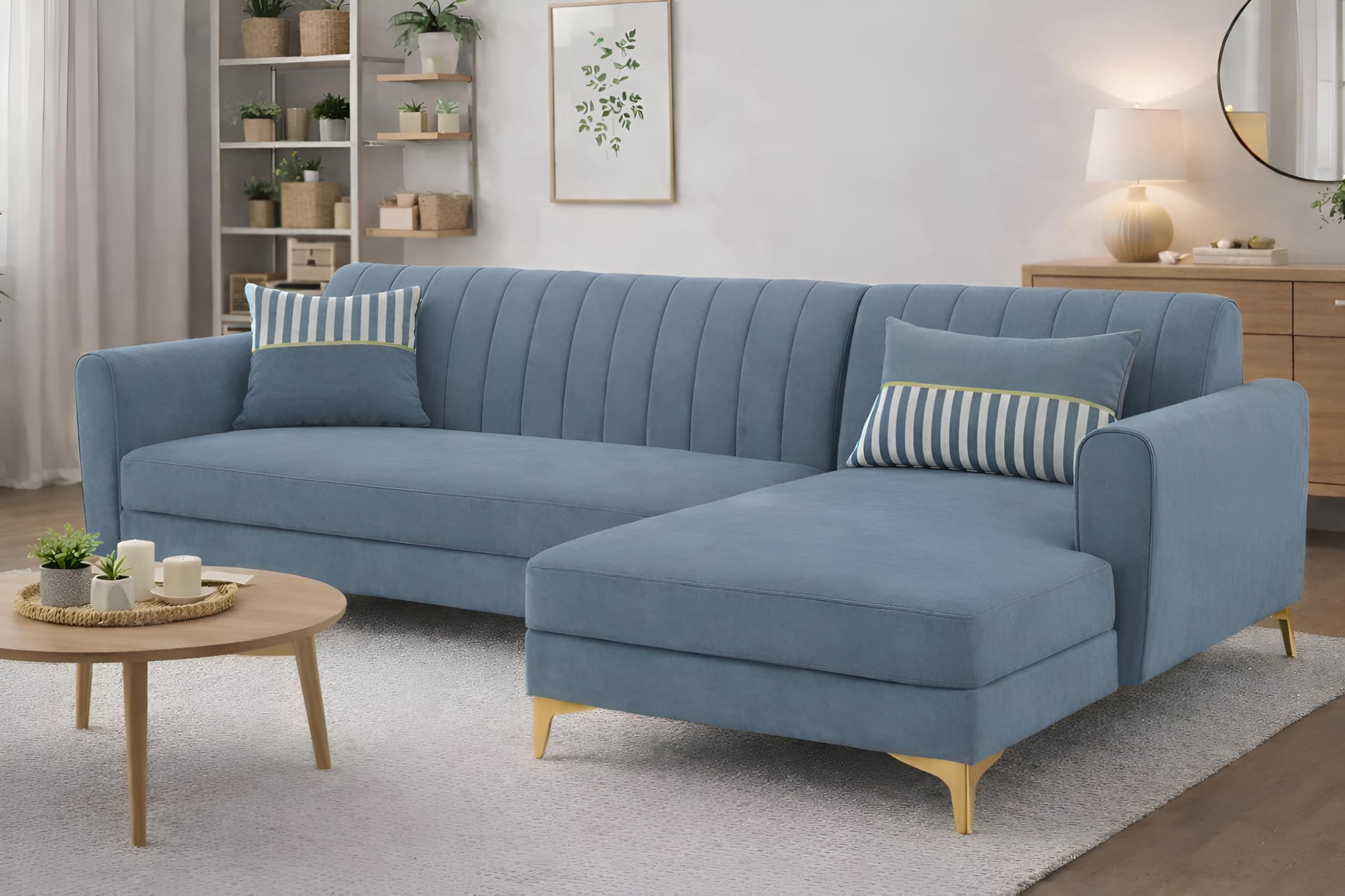 Adorn India Premium Luster 6 Seater L Shape Sofa Set | Velvet Suede Fabric | 3-Year Warranty | RHS |Color Grey with Golden Legs & Striped Pattern Cushion