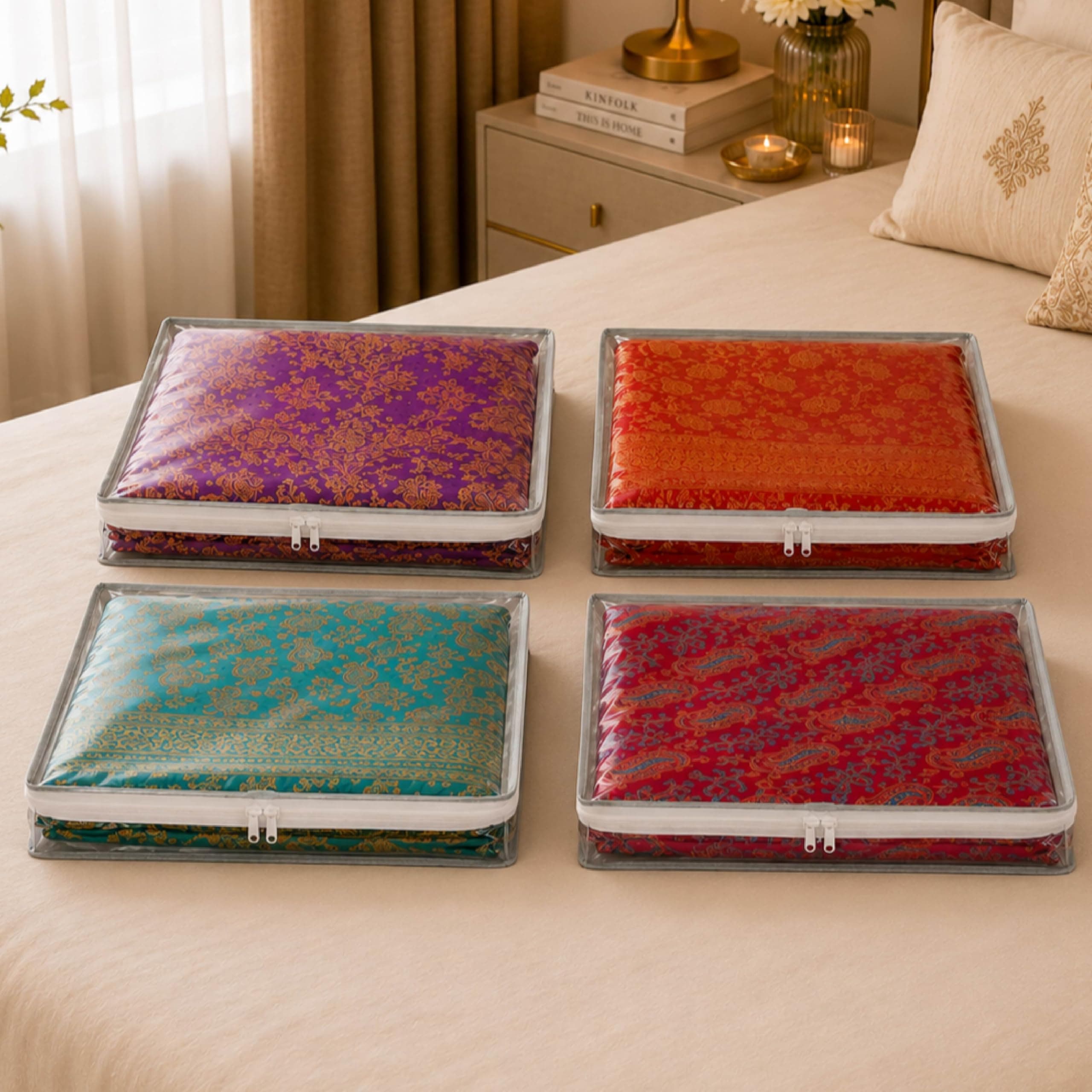 Homestrap 3-Inch Saree Covers Pack of 4 | Dust-Proof Non-Woven Saree Storage Bags with Transparent Window | Wardrobe Organizer for Heavy Sarees, Anarkali Suits & Ethnic Clothes Storage | Grey